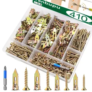 410pcs Self Drilling Drywall Anchors Screws, 4 Sizes Expansion Screws and 2 Sizes Wall Anchors, 2025 Upgraded Zinc Plated Steel Dry Wall Anchors no Drilling Required Easy Application