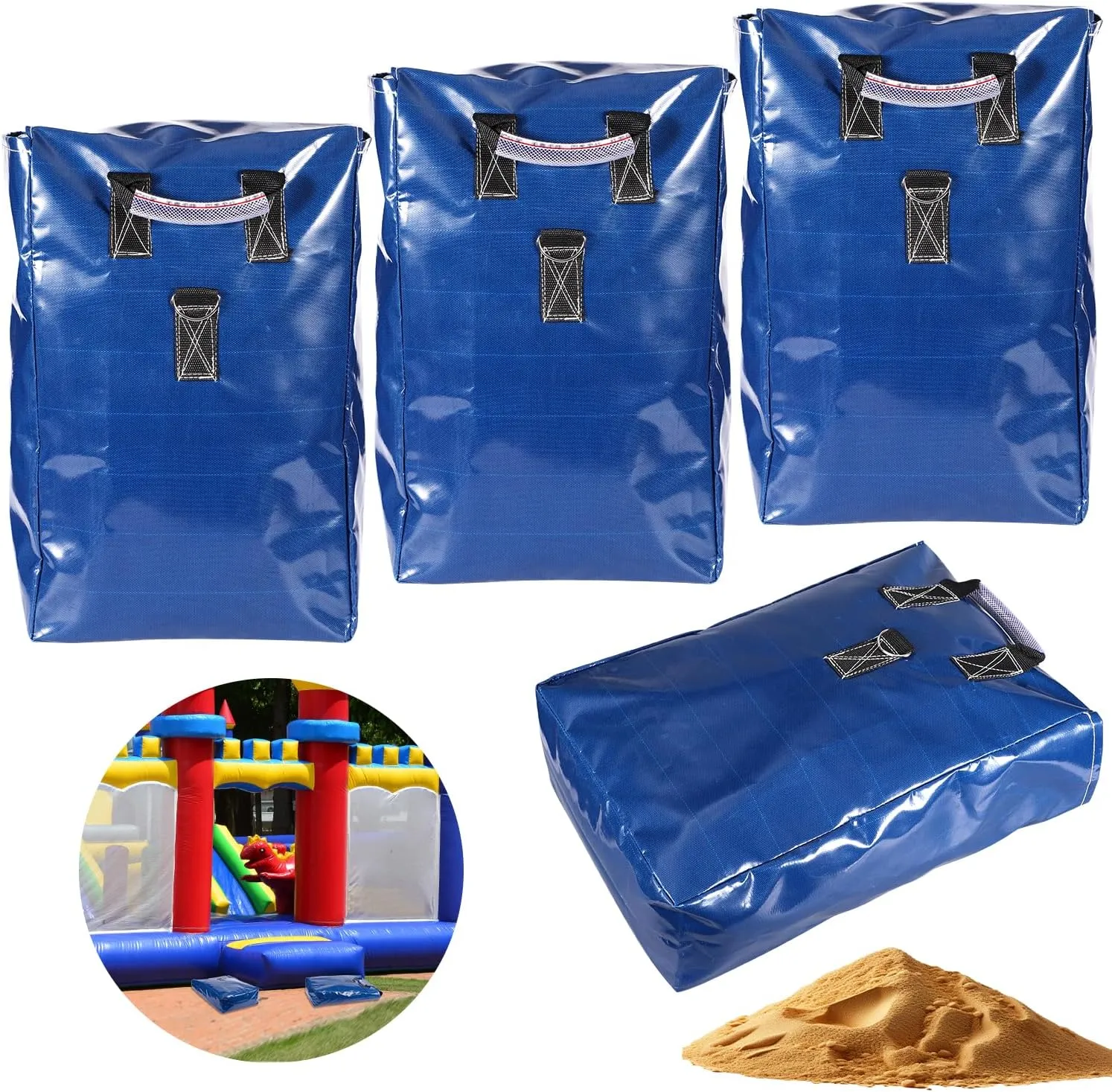 4pcs Vinyl Sandbags, Bounce House Inflatable Water Bounce House Heavy Duty Sand Bag Anchor Safety Weight Product for Water Slides Canopies and Tents (Blue)