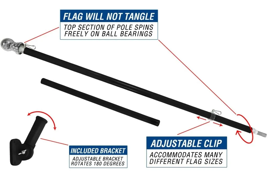 5ft Spinning Stabilizer Flag Pole & Adjustable Bracket Kit (Black)