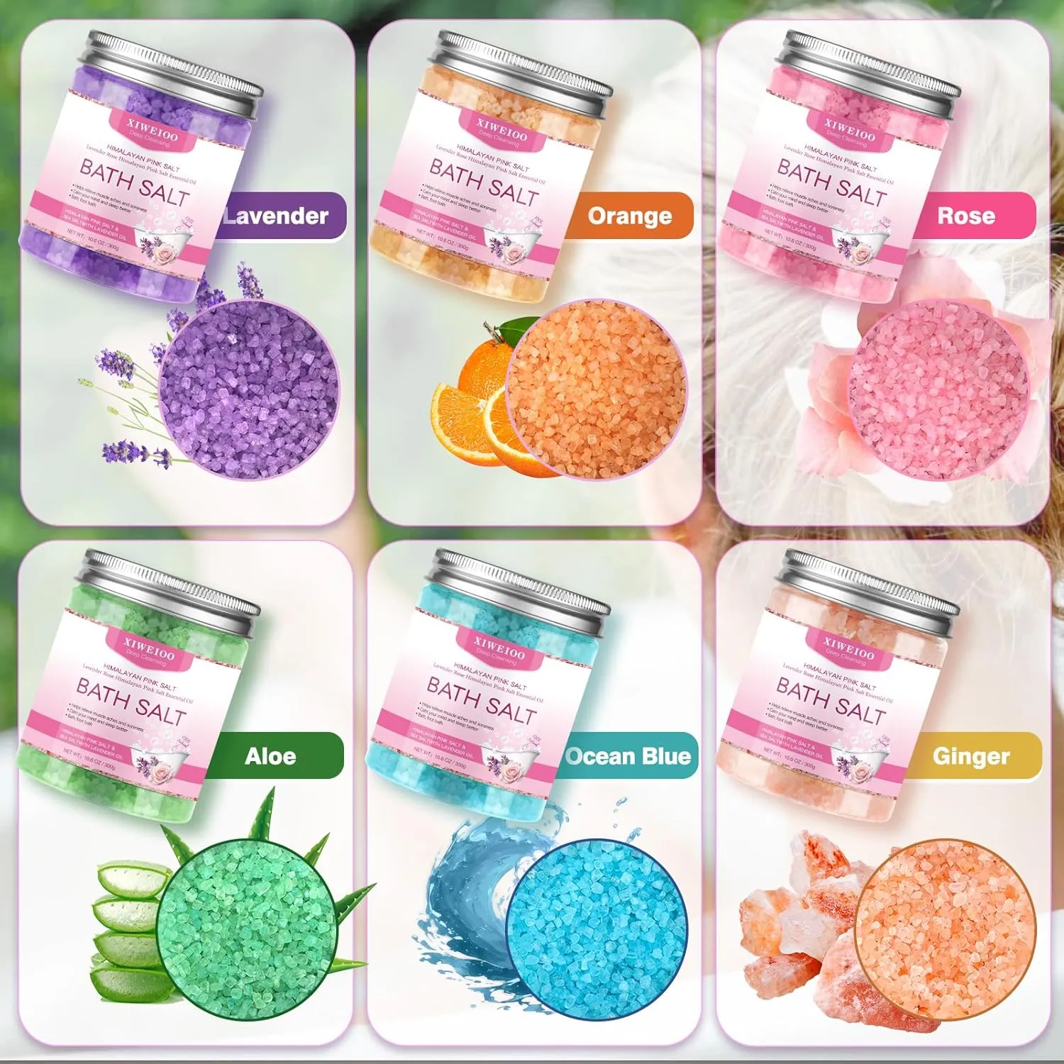 6 Pack Bath Salt KIT for Soaking Himalayan Pink Salt Lavender Orange Rose Pink Scent Epsom Salt Bubble Bath for Women Gift with Dead Sea Salt Moisturizing Skin Essential Oil