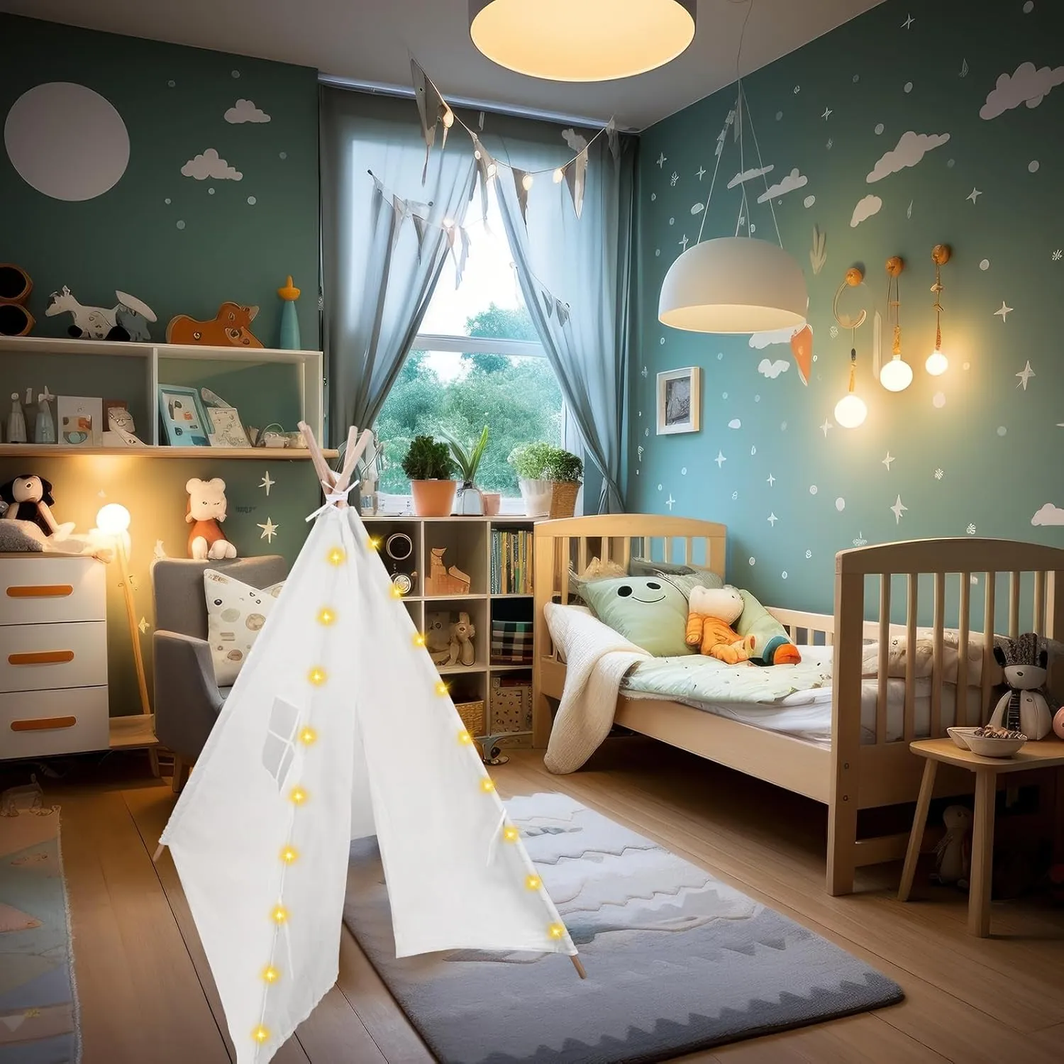 6 Packs Teepee Tent for Kids with 10FT String Lights, Indoor Outdoor Play Teepee Tent for Girls & Boys, Foldable Tents for Birthday Party Boho Sleepovers Party Pajama Party (White)