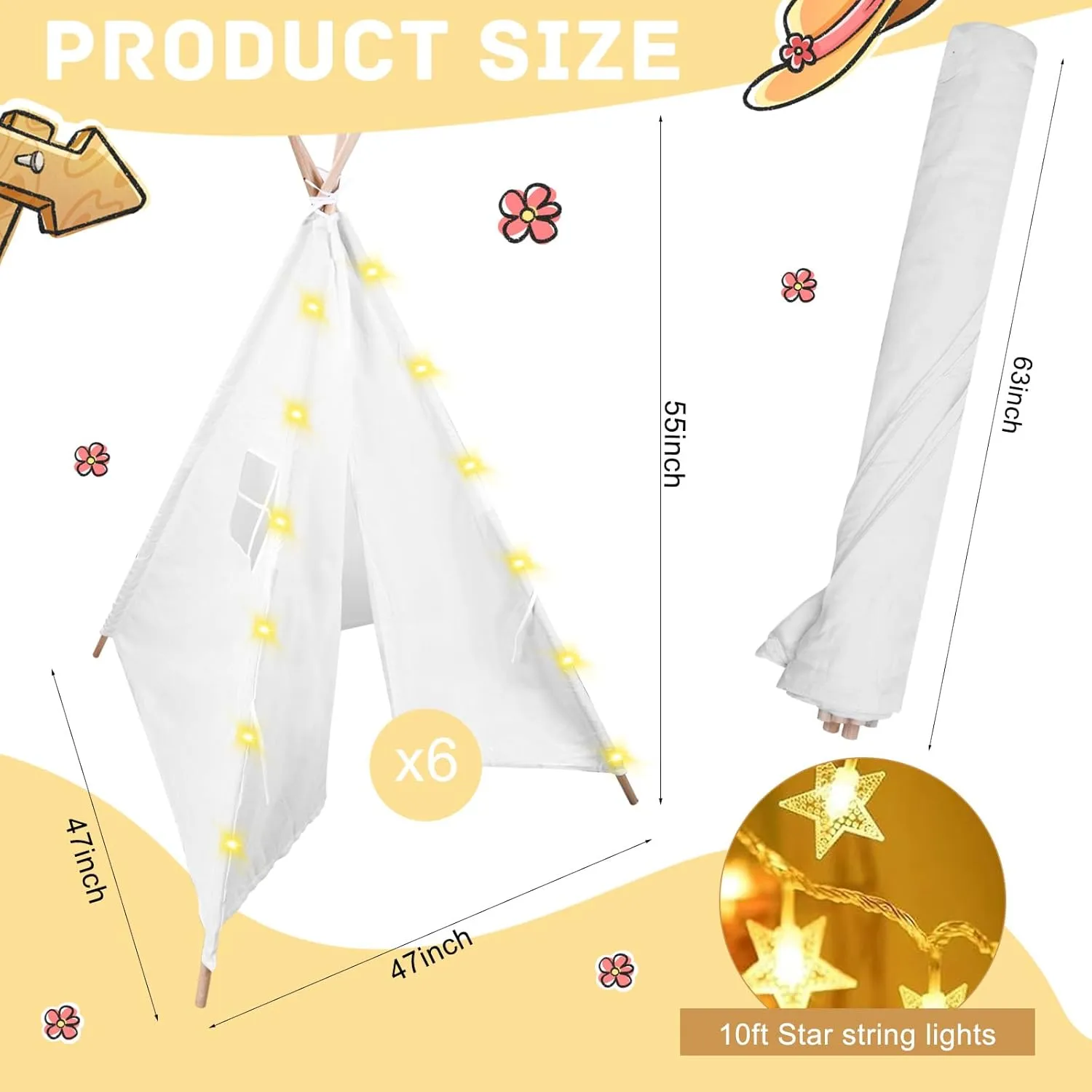6 Packs Teepee Tent for Kids with 10FT String Lights, Indoor Outdoor Play Teepee Tent for Girls & Boys, Foldable Tents for Birthday Party Boho Sleepovers Party Pajama Party (White)