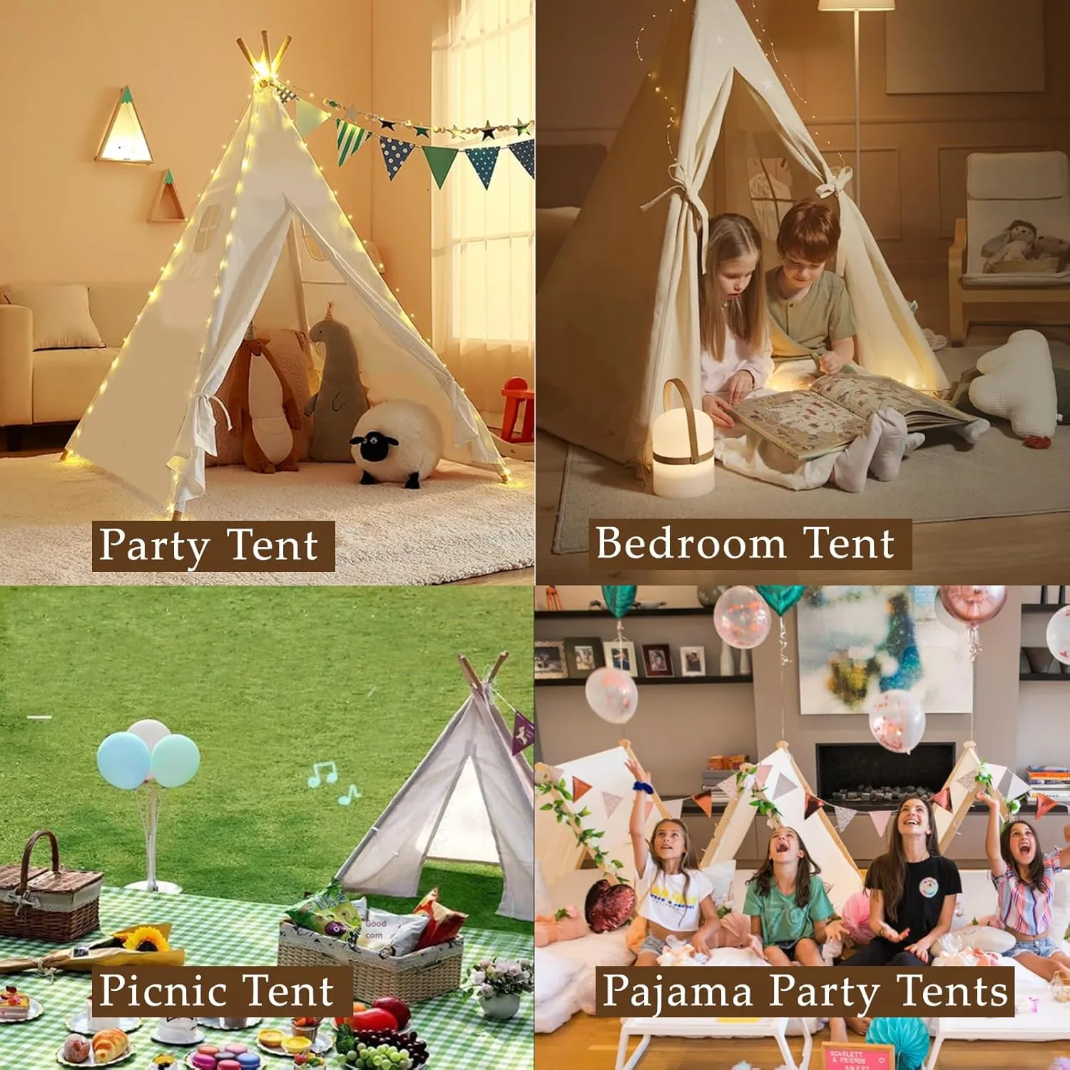 6 Packs Teepee Tent for Kids with 10FT String Lights, Indoor Outdoor Play Teepee Tent for Girls & Boys, Foldable Tents for Birthday Party Boho Sleepovers Party Pajama Party (White)