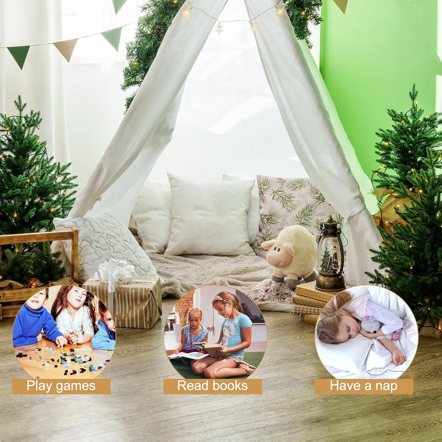 6 Packs Teepee Tent for Kids with 10FT String Lights, Indoor Outdoor Play Teepee Tent for Girls & Boys, Foldable Tents for Birthday Party Boho Sleepovers Party Pajama Party (White)