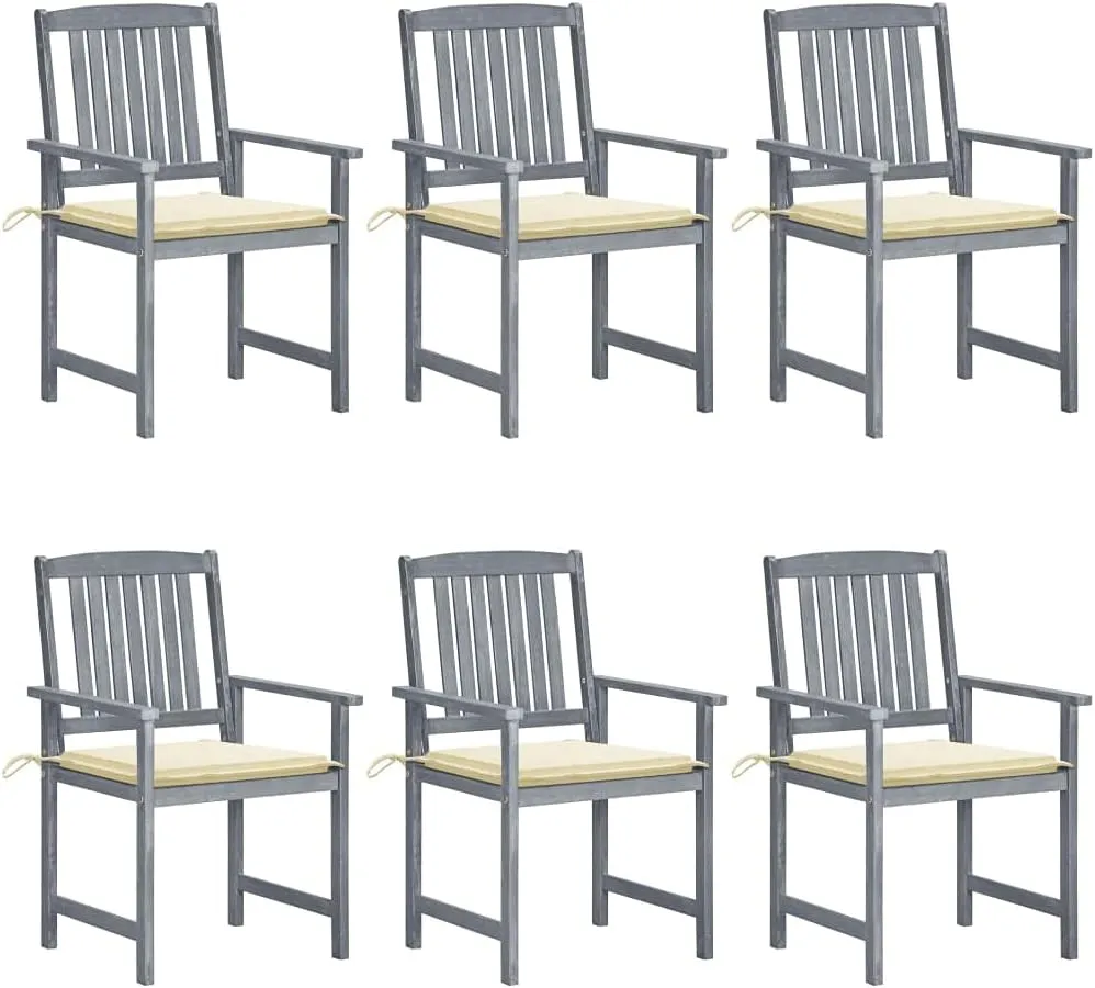 6-Piece Solid Acacia Wood Patio Chairs Set with Cream Cushions, Gray Outdoor Furniture for Poolside Lounging Backyard Dining and Beach Camping