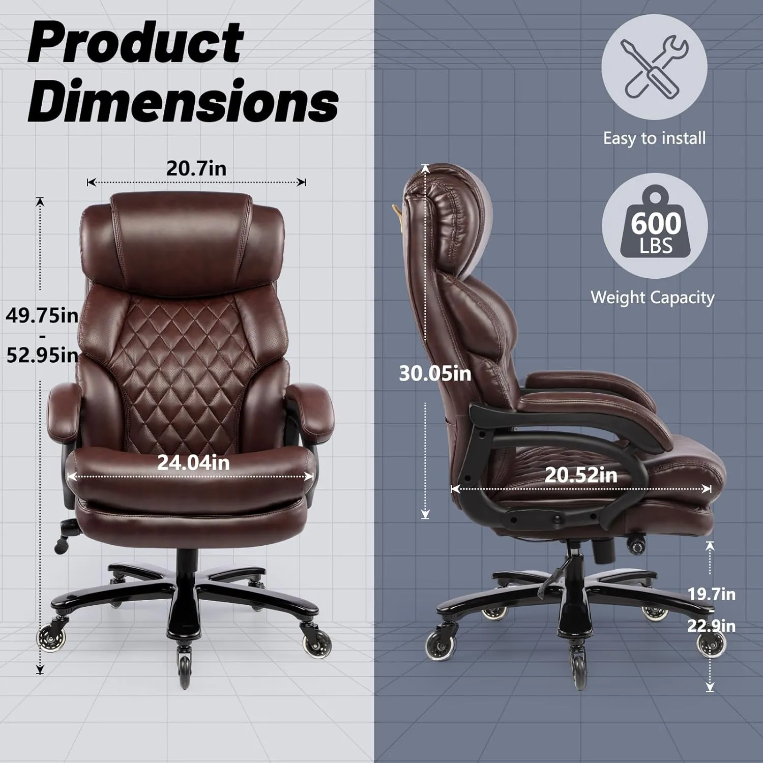 600LBS Big and Tall Office Chair for Heavy People, Heavy Duty Executive Chair with High Back, Extra Wide Seat and Adjustable Lumbar, Large Computer Desk Chair Comfortable for Home Office (Brown)