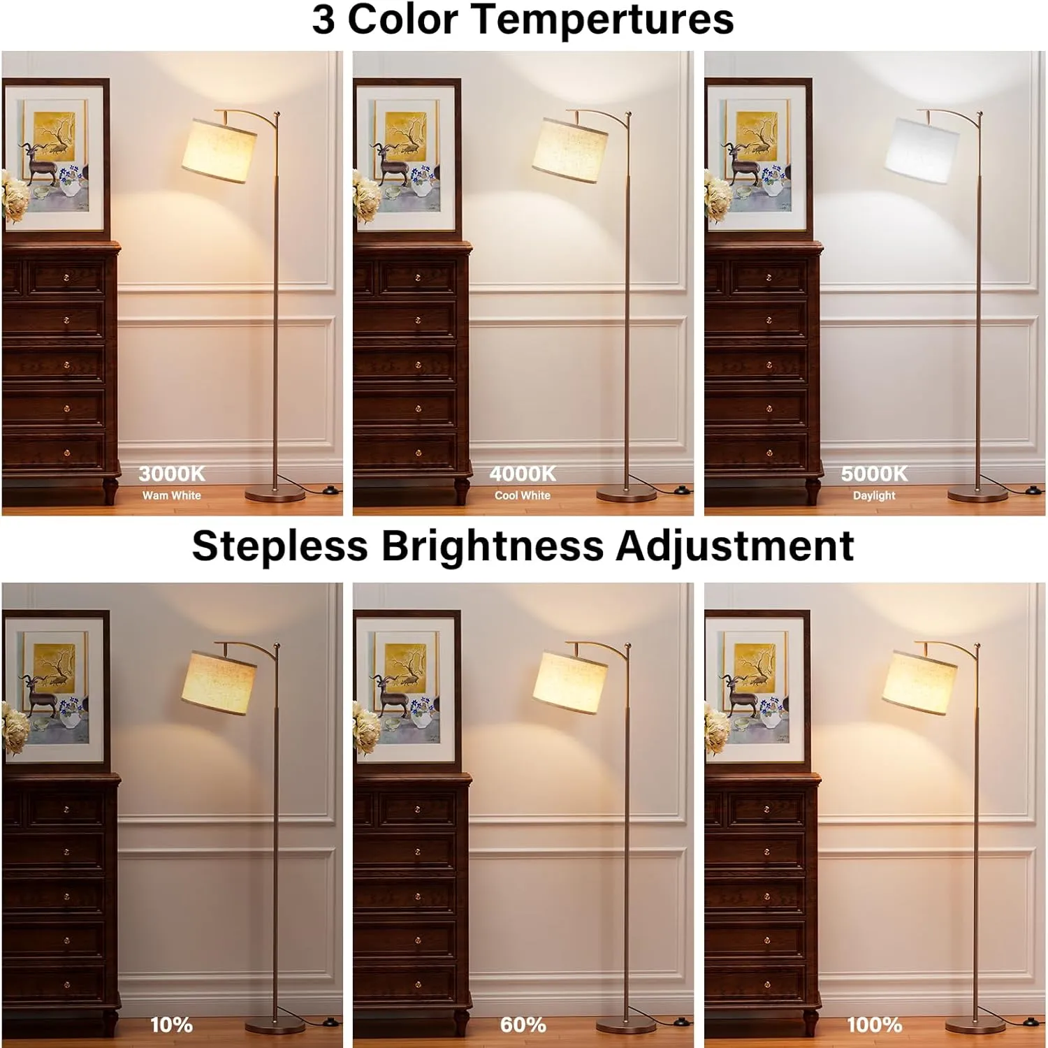 60" Floor Lamps with Remote Control & Bulb, Colors Temperature & Brightness Adjustable, Beige Shade & Brown Pole