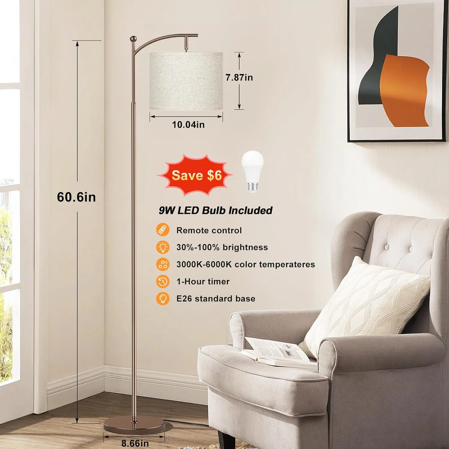 60" Floor Lamps with Remote Control & Bulb, Colors Temperature & Brightness Adjustable, Beige Shade & Brown Pole