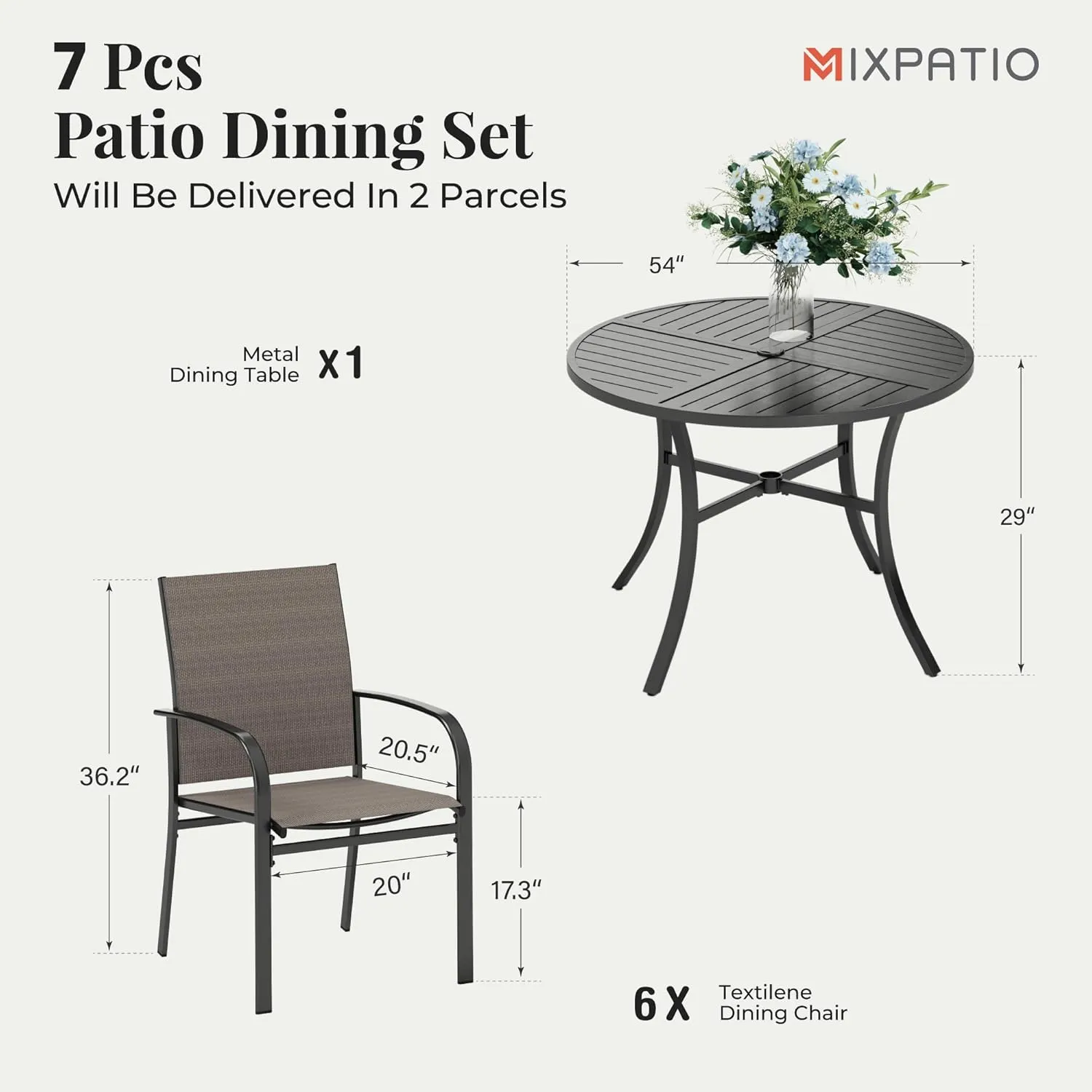 7 Pieces Outdoor Table and Chairs, Patio Dining Set for 6 Includes 54" Round Outdoor Table and 6 Patio Chair Set, Outdoor Dining Furniture Set for Lawn Backyard Deck, Brown