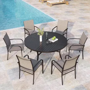 7 Pieces Outdoor Table and Chairs, Patio Dining Set for 6 Includes 54" Round Outdoor Table and 6 Patio Chair Set, Outdoor Dining Furniture Set for Lawn Backyard Deck, Brown