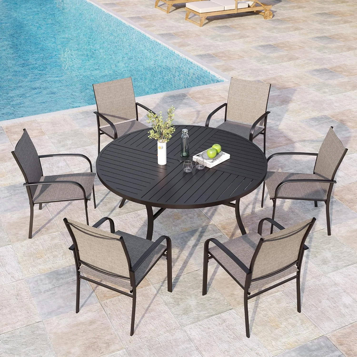 7 Pieces Outdoor Table and Chairs, Patio Dining Set for 6 Includes 54" Round Outdoor Table and 6 Patio Chair Set, Outdoor Dining Furniture Set for Lawn Backyard Deck, Brown