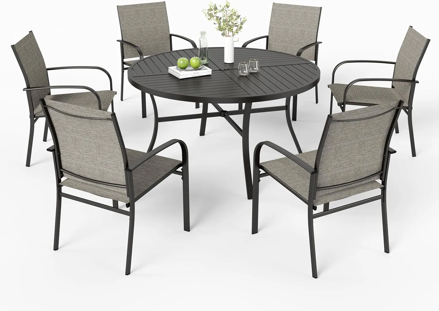 7 Pieces Outdoor Table and Chairs, Patio Dining Set for 6 Includes 54" Round Outdoor Table and 6 Patio Chair Set, Outdoor Dining Furniture Set for Lawn Backyard Deck, Brown