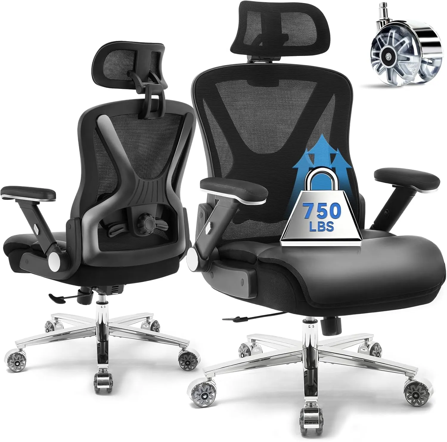 750lbs Ergonomic Office Chair,Upgrade Big and Tall Office Chairs for Heavy People,Mesh High Back Desk Chair with 5D Flip Arms Large Wheels,Adjustable Headrest & Lumbar Support,Wide Chairs