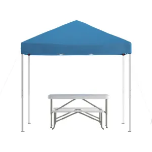 8'x8' Blue Event Canopy Tent with Carry Bag and Folding Bench Set - Flash Furniture