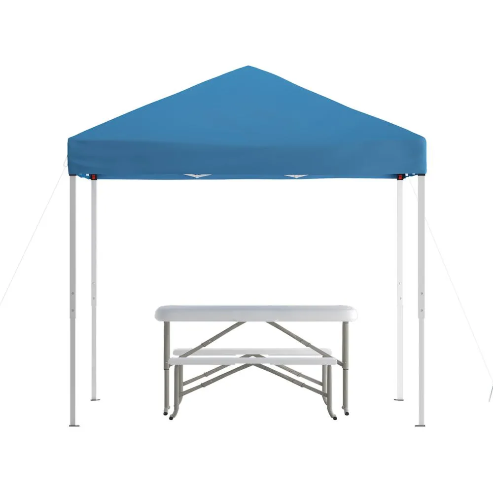 8'x8' Blue Event Canopy Tent with Carry Bag and Folding Bench Set - Flash Furniture