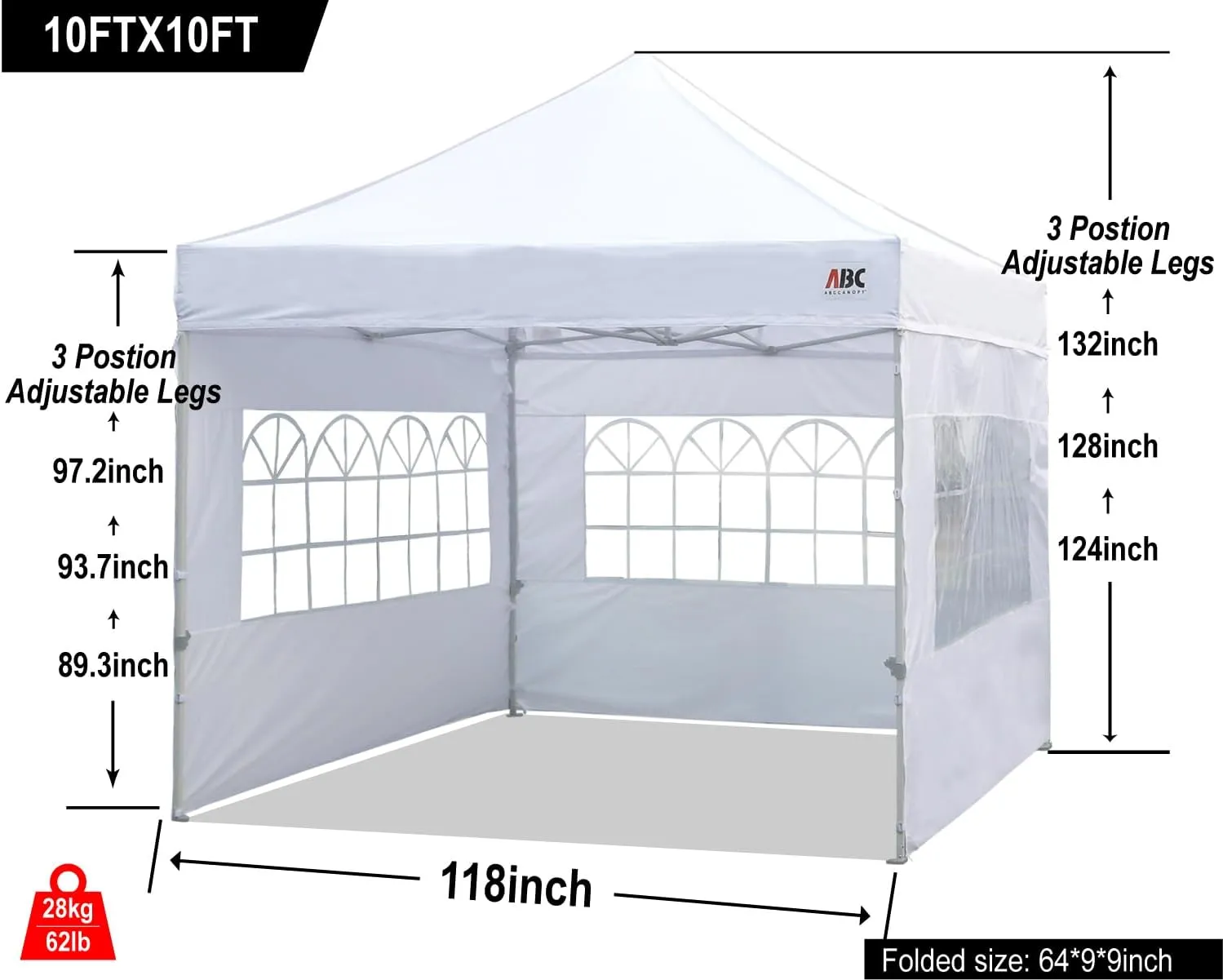 ABCCANOPY 10x10 Canopy Tent with Sidewalls - Pop up Gazebos with Church Window, Outdoor Tents for Parties, Wedding, Camping, with Wheeled Bag, White
