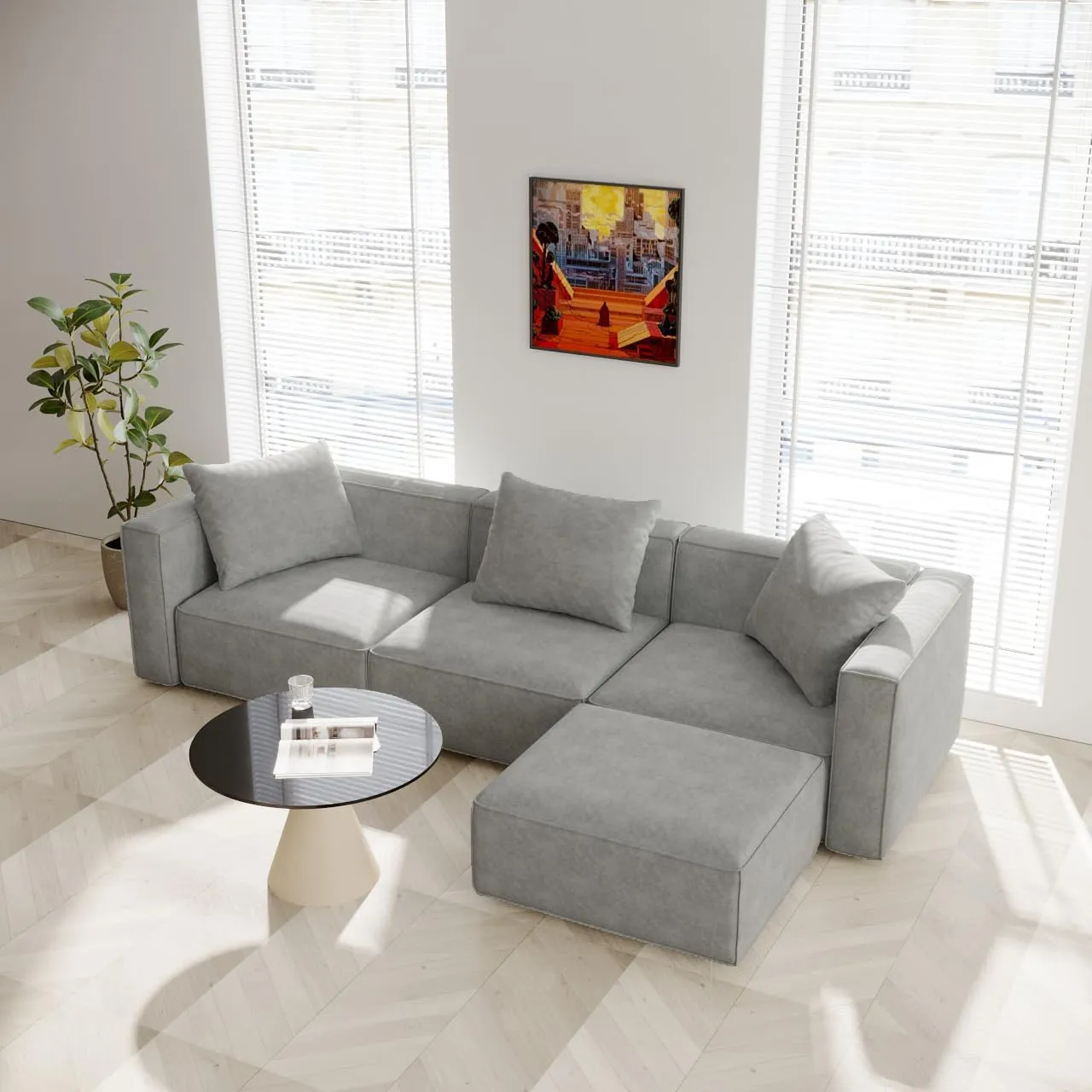 Acanva Luxury Modular Sectional Living Room Sofa Set, Modern Minimalist Style Couch with Ottoman and Chaise, L-Shape, Grey
