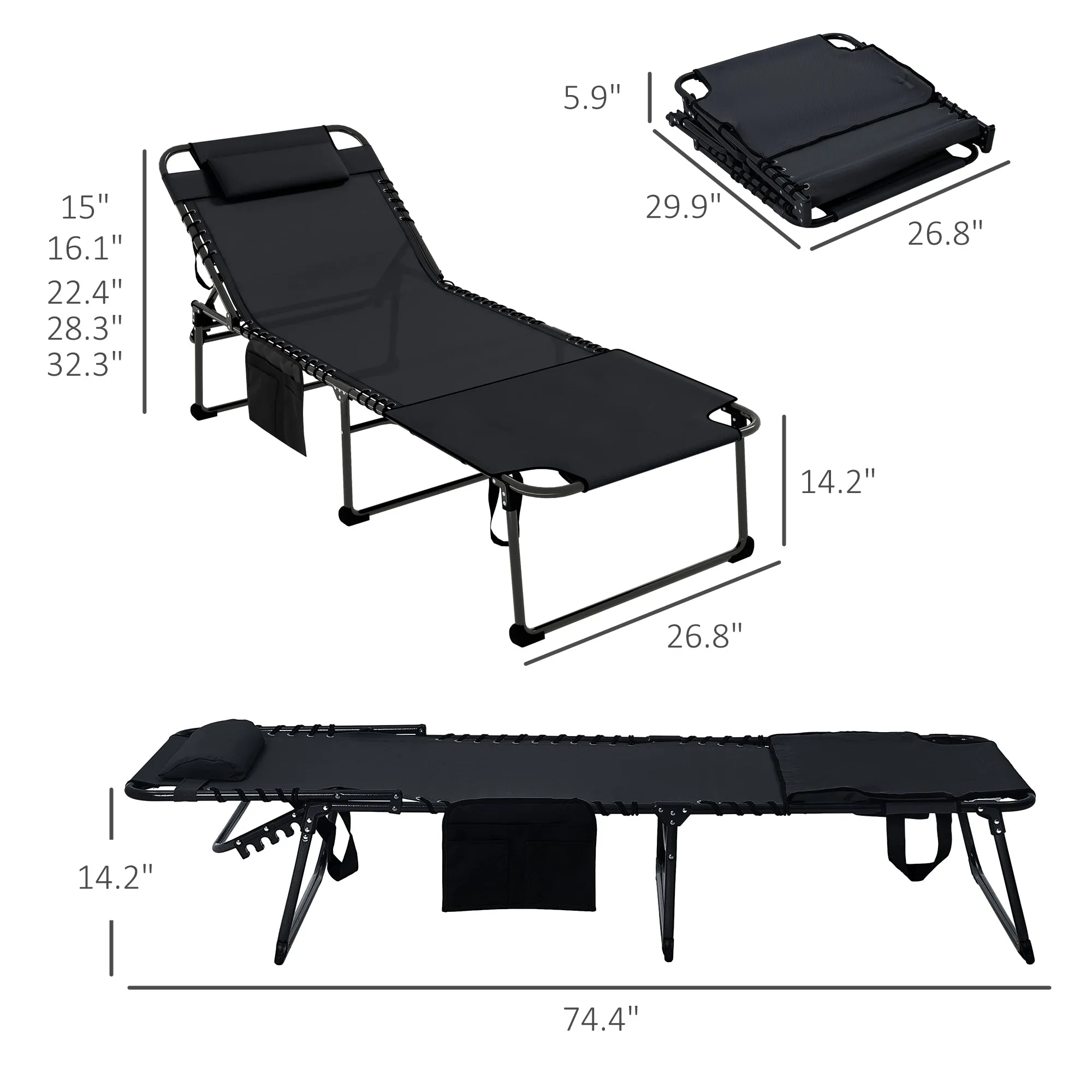 Adjustable Folding Chaise Lounge Chair with 5-Level Recline, Headrest & Side Pocket, Black