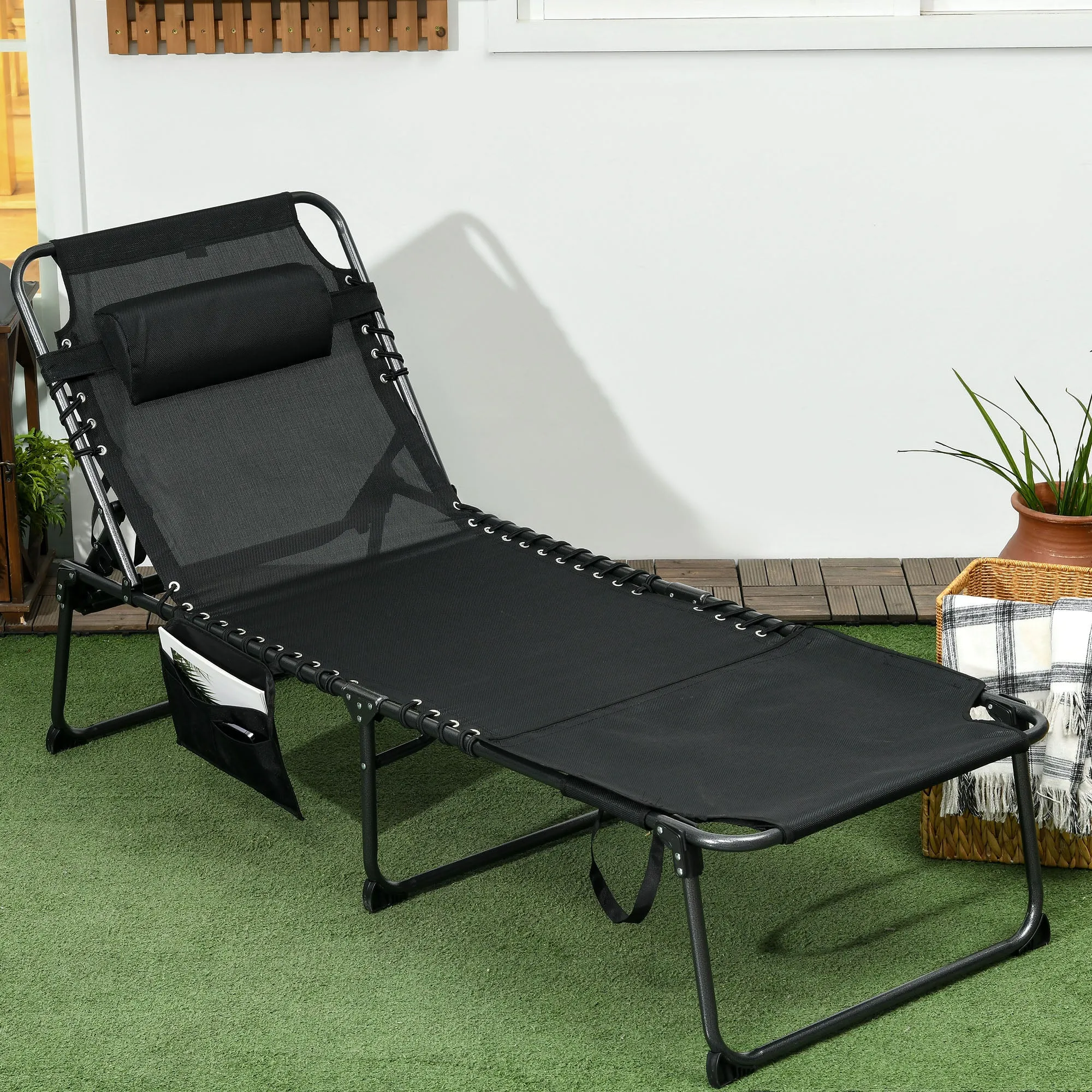 Adjustable Folding Chaise Lounge Chair with 5-Level Recline, Headrest & Side Pocket, Black