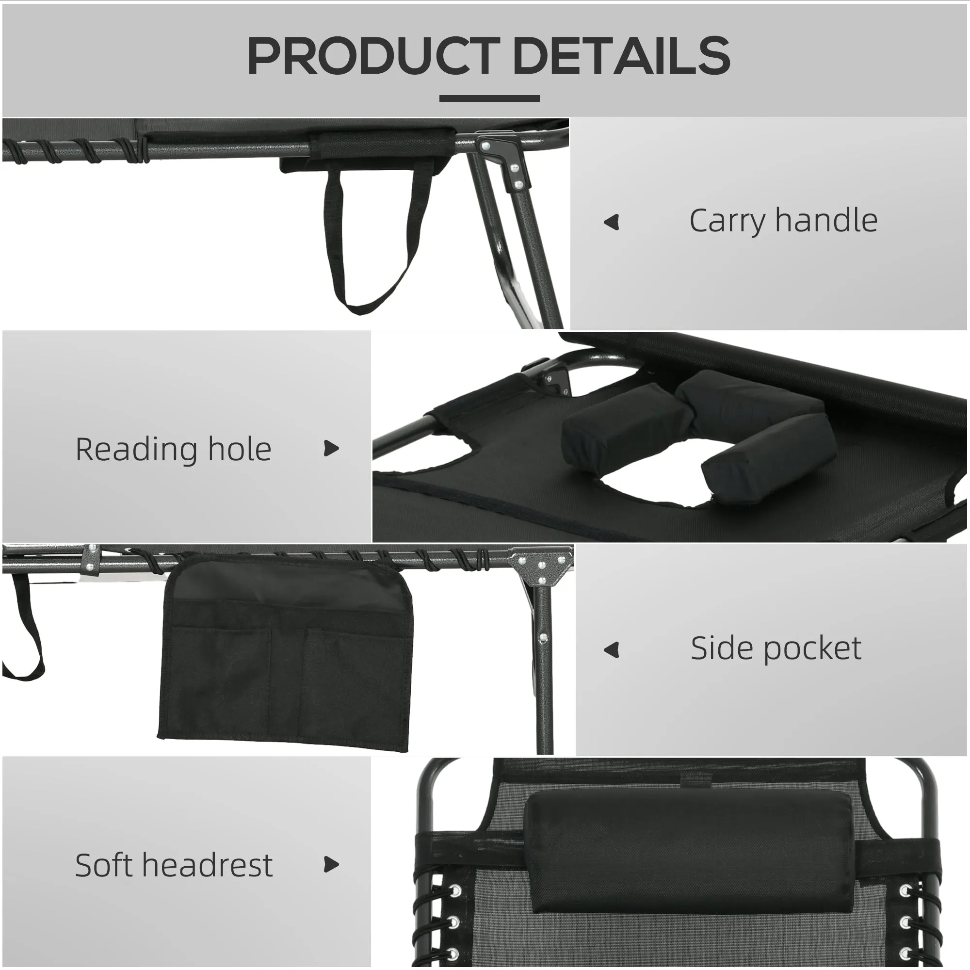 Adjustable Folding Chaise Lounge Chair with 5-Level Recline, Headrest & Side Pocket, Black