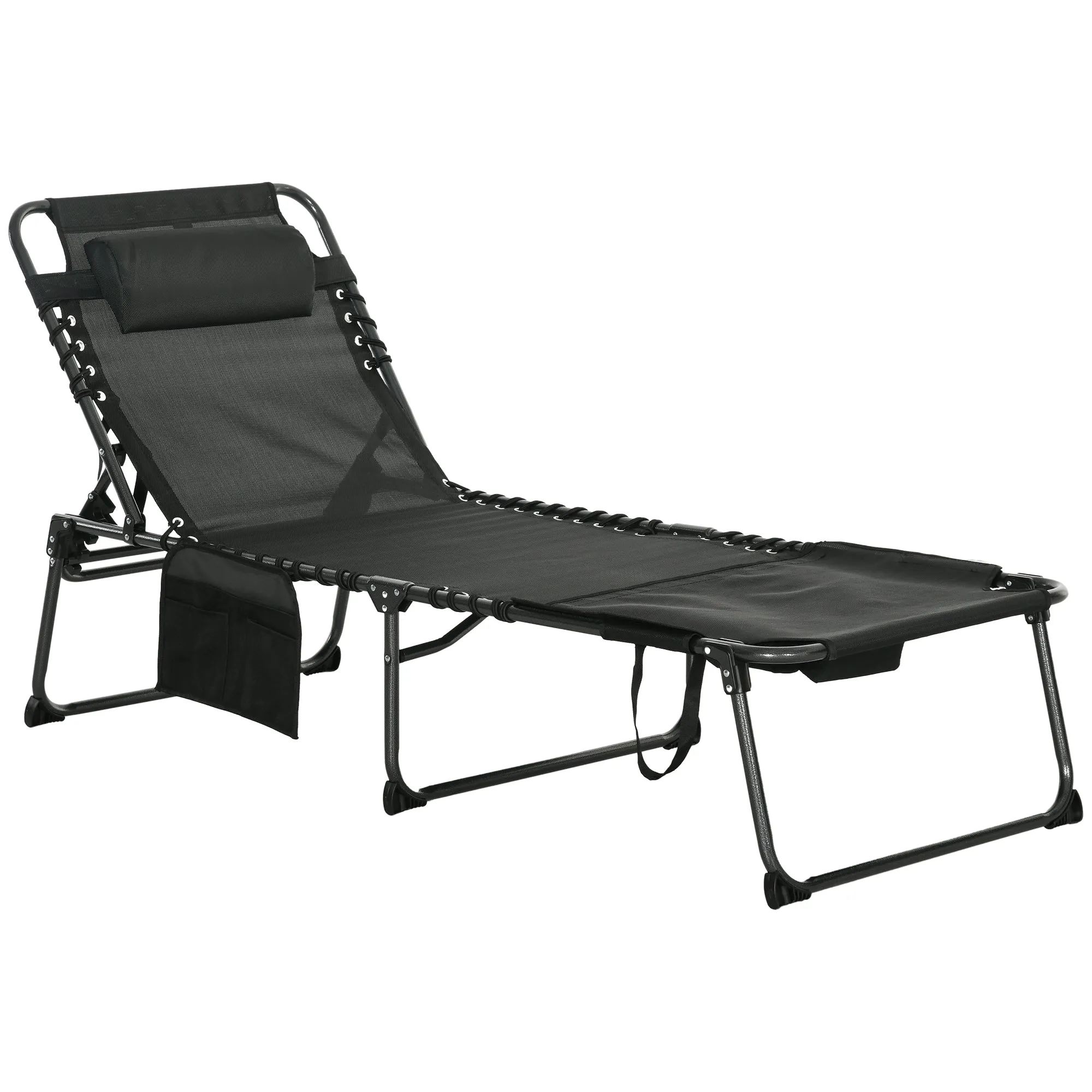 Adjustable Folding Chaise Lounge Chair with 5-Level Recline, Headrest & Side Pocket, Black