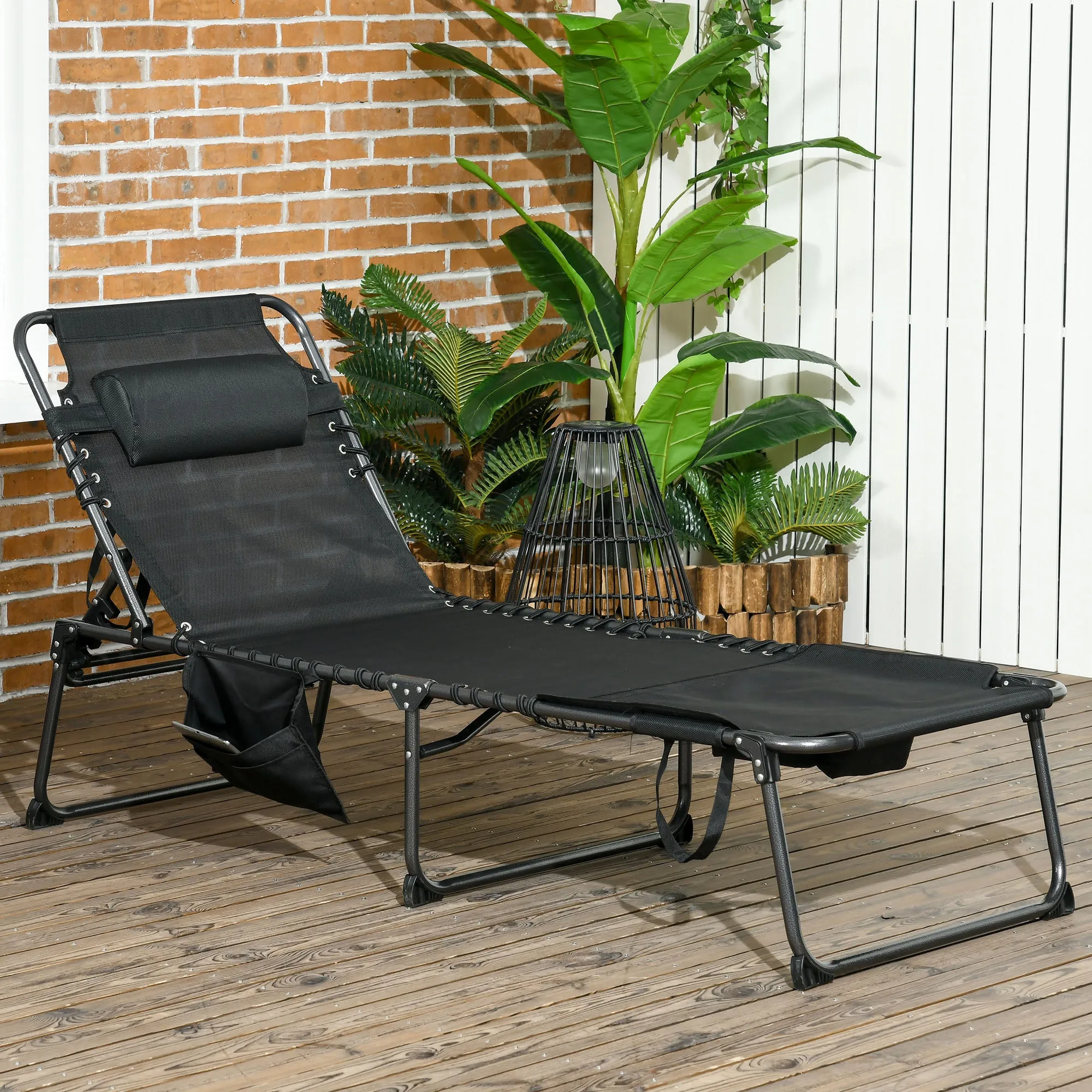 Adjustable Folding Chaise Lounge Chair with 5-Level Recline, Headrest & Side Pocket, Black