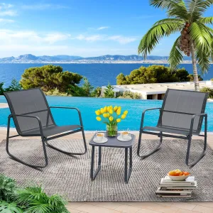 Ainfox 3 Piece Patio Outdoor Furniture Set, Textilene Fabric Patio Conversation Bistro Set with Rocking Bistro Chairs and Table, Small Patio Furniture Set for Backyard, Lawn, Garden, Poolside