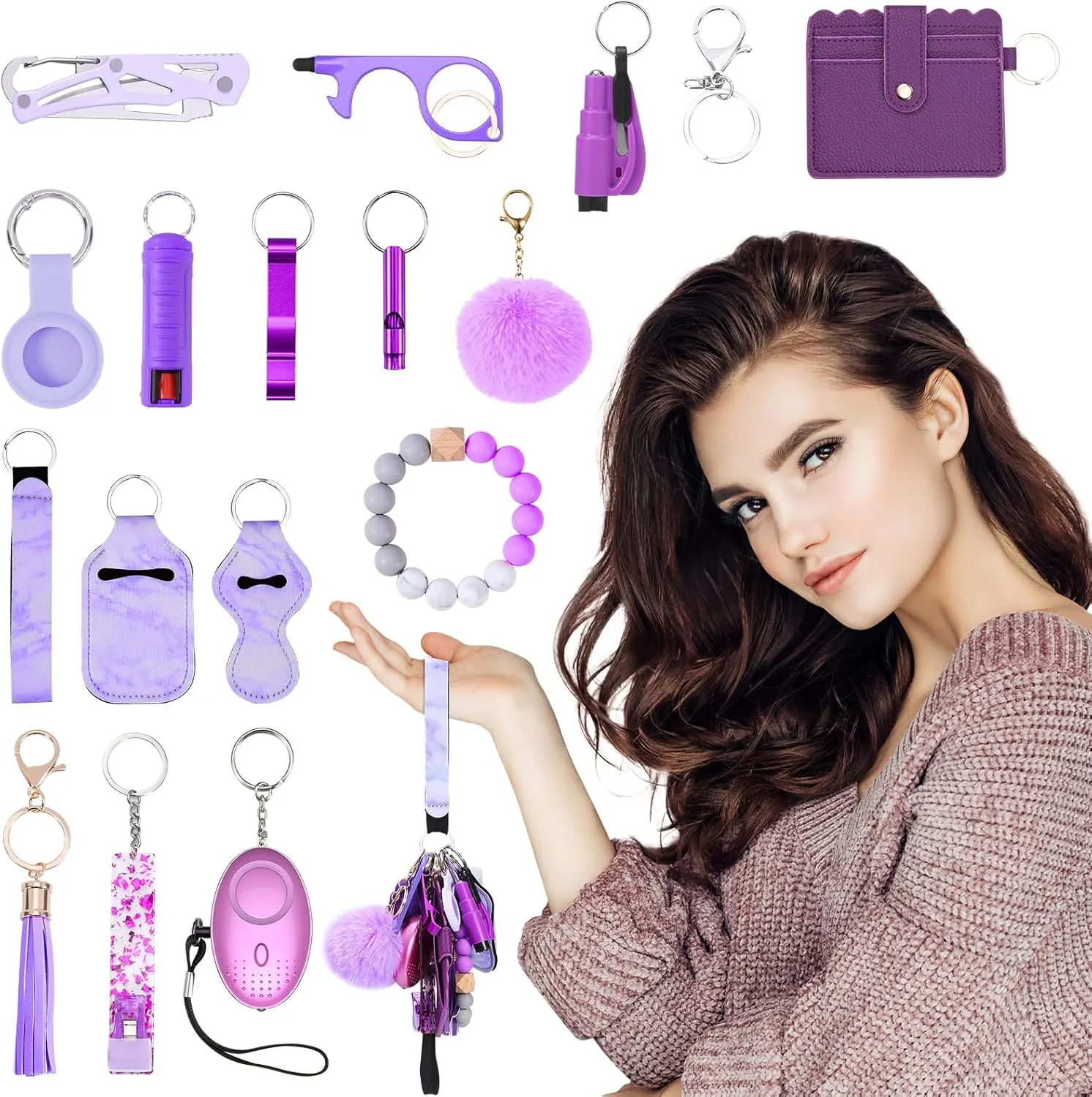 AMIR Safety Keychain Set for Women, Wristlet Strap Keychain with Personal Alarm and Pom Pom Accessories Kit