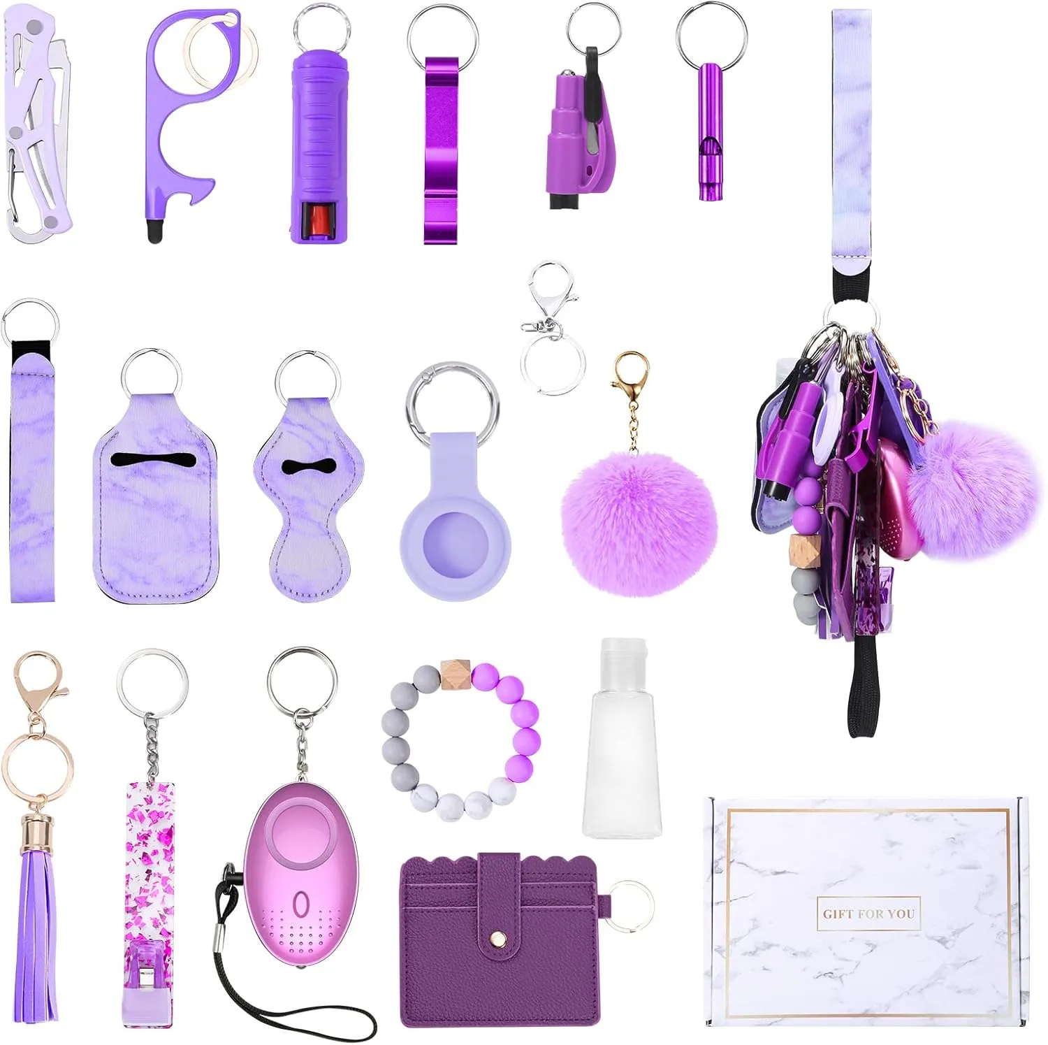 AMIR Safety Keychain Set for Women, Wristlet Strap Keychain with Personal Alarm and Pom Pom Accessories Kit