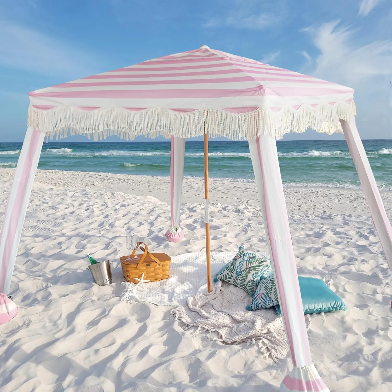 AMMSUN Beach Cabana with Fringe, 6'×6' Boho Beach Canopy with Tassels, Easy Set up & Premium Wood Pole, Cabana Tent with Sand Pockets, Instant Sun Shade for Sand, Garden, Patio, Rose Pink Stripes