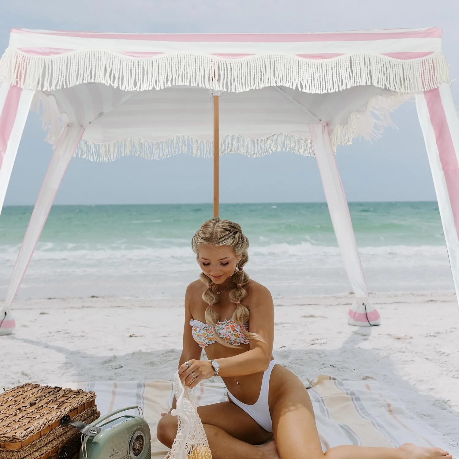 AMMSUN Beach Cabana with Fringe, 6'×6' Boho Beach Canopy with Tassels, Easy Set up & Premium Wood Pole, Cabana Tent with Sand Pockets, Instant Sun Shade for Sand, Garden, Patio, Rose Pink Stripes