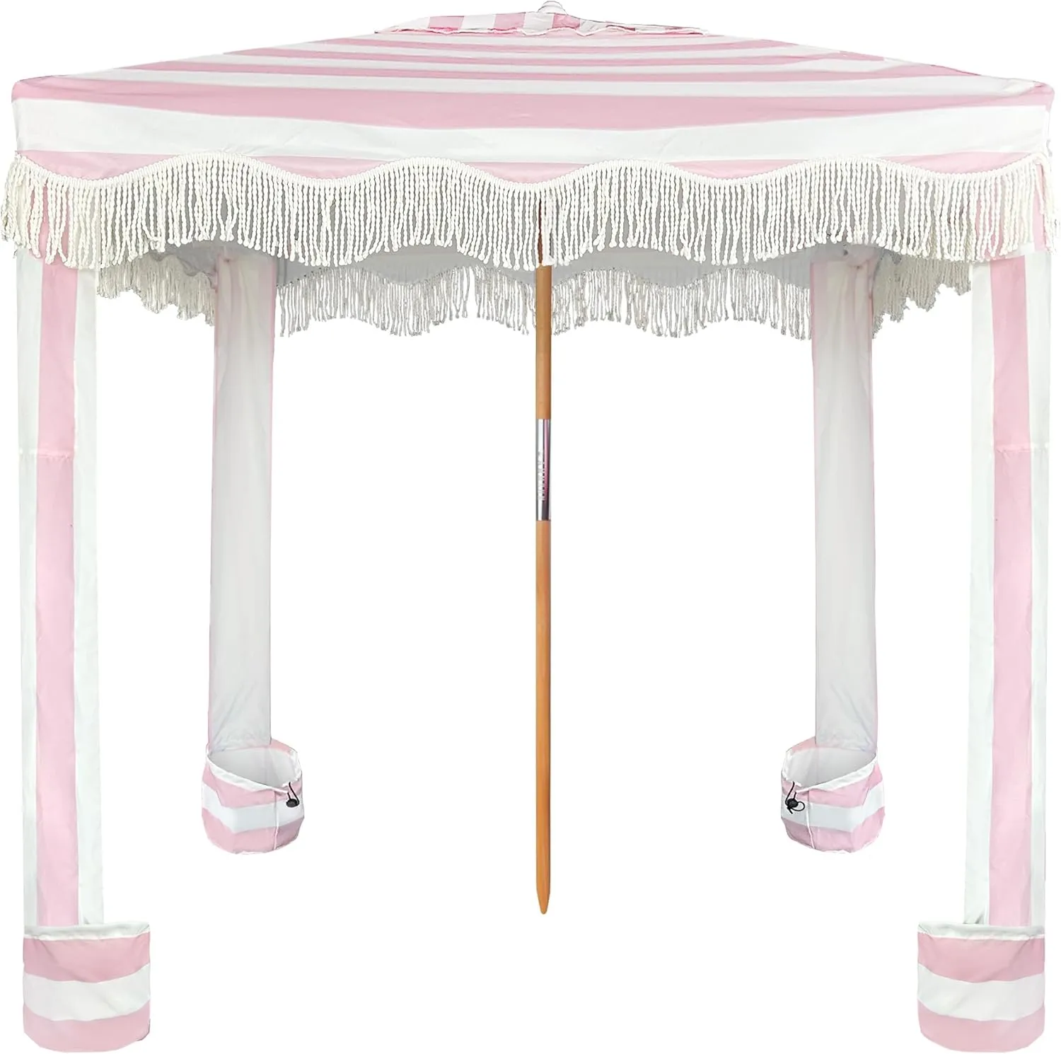 AMMSUN Beach Cabana with Fringe, 6'×6' Boho Beach Canopy with Tassels, Easy Set up & Premium Wood Pole, Cabana Tent with Sand Pockets, Instant Sun Shade for Sand, Garden, Patio, Rose Pink Stripes