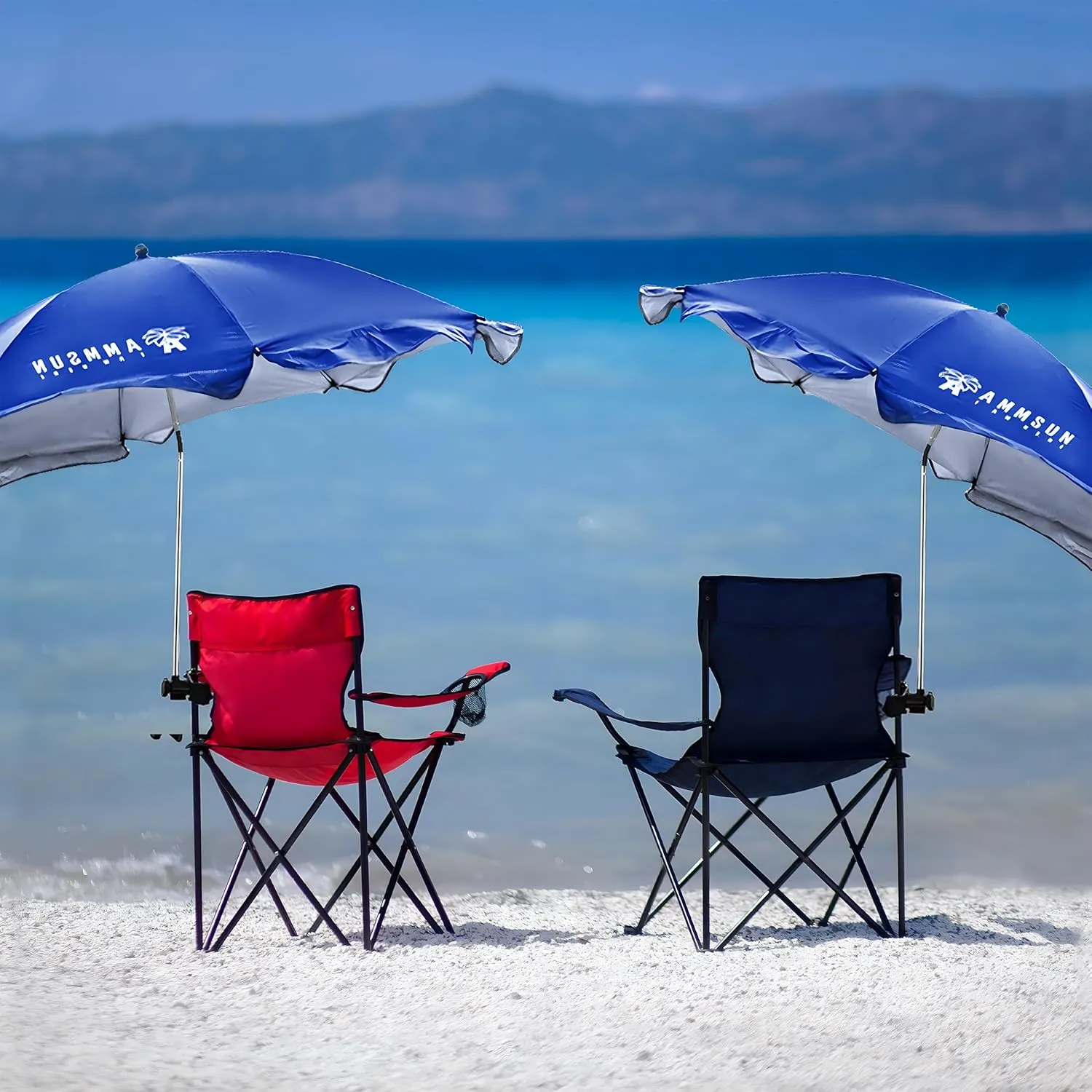 AMMSUN XL Chair Umbrella with Universal Clamp Adjustable 52 inches and 360-degree Swivel UPF 50 , Portable Clamp on Camping or Beach Chair, Stroller, Wheelchair, Golf cart, Blue, 2 PACK