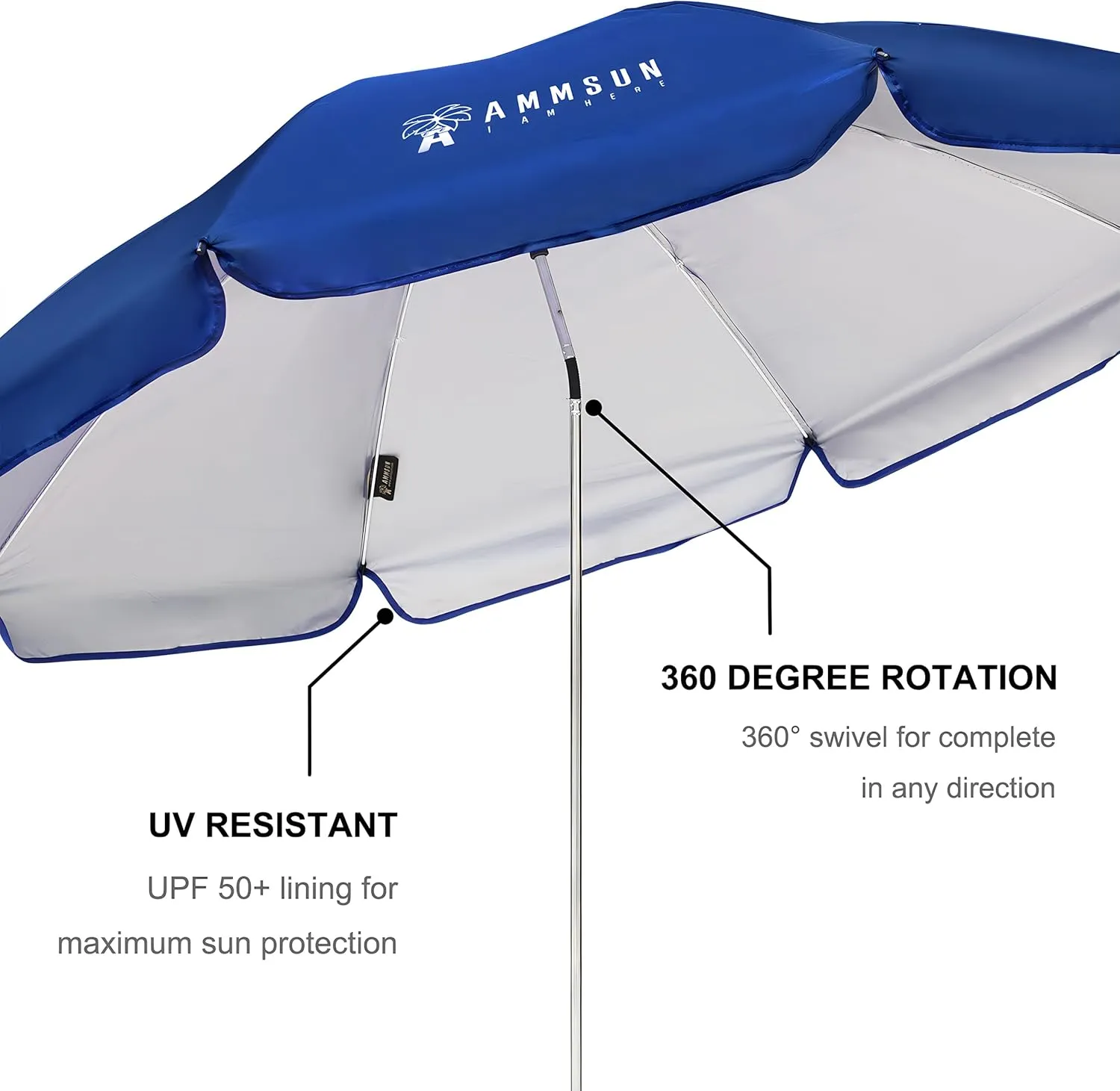 AMMSUN XL Chair Umbrella with Universal Clamp Adjustable 52 inches and 360-degree Swivel UPF 50 , Portable Clamp on Camping or Beach Chair, Stroller, Wheelchair, Golf cart, Blue, 2 PACK