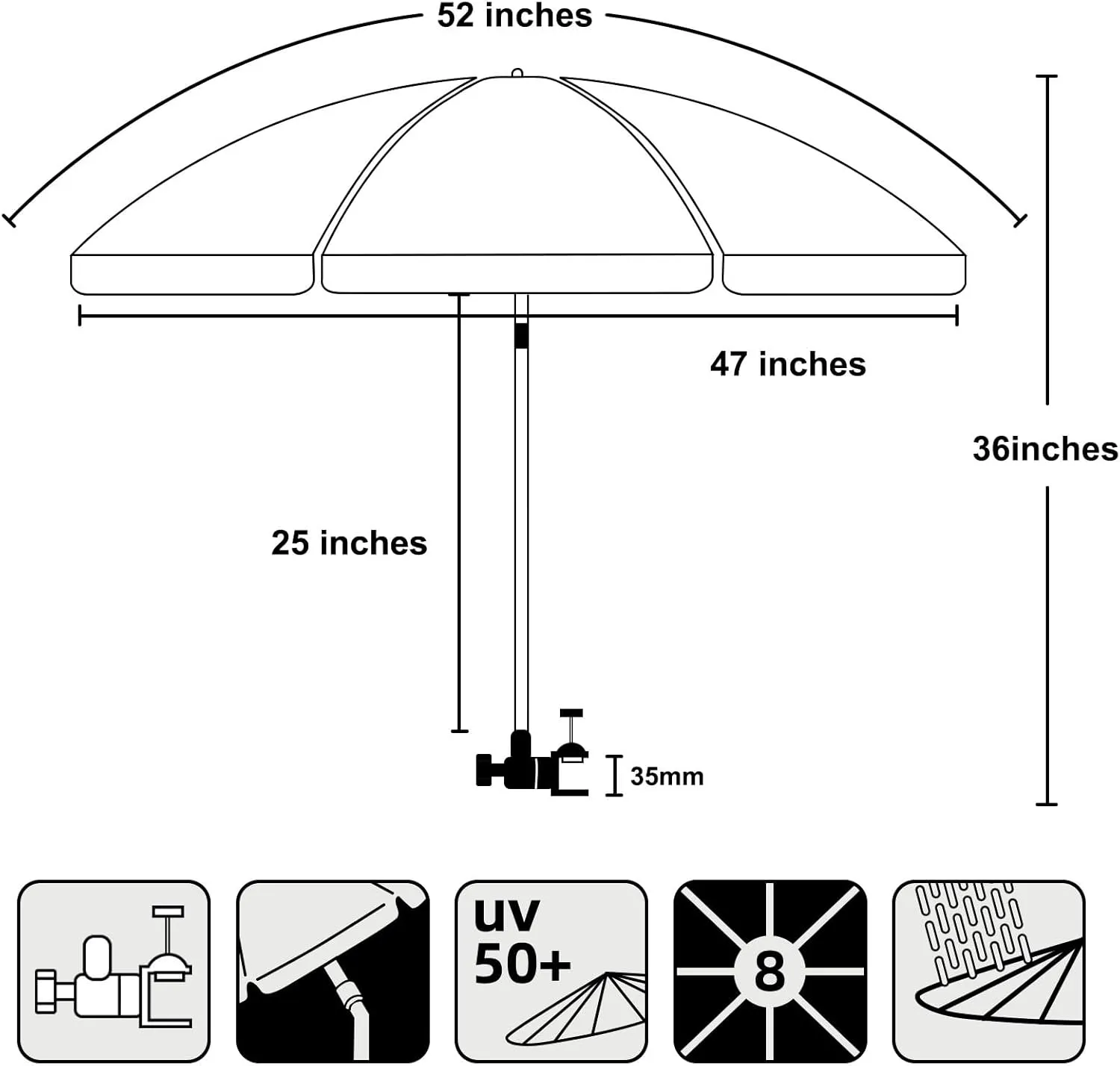 AMMSUN XL Chair Umbrella with Universal Clamp Adjustable 52 inches and 360-degree Swivel UPF 50 , Portable Clamp on Camping or Beach Chair, Stroller, Wheelchair, Golf cart, Blue, 2 PACK