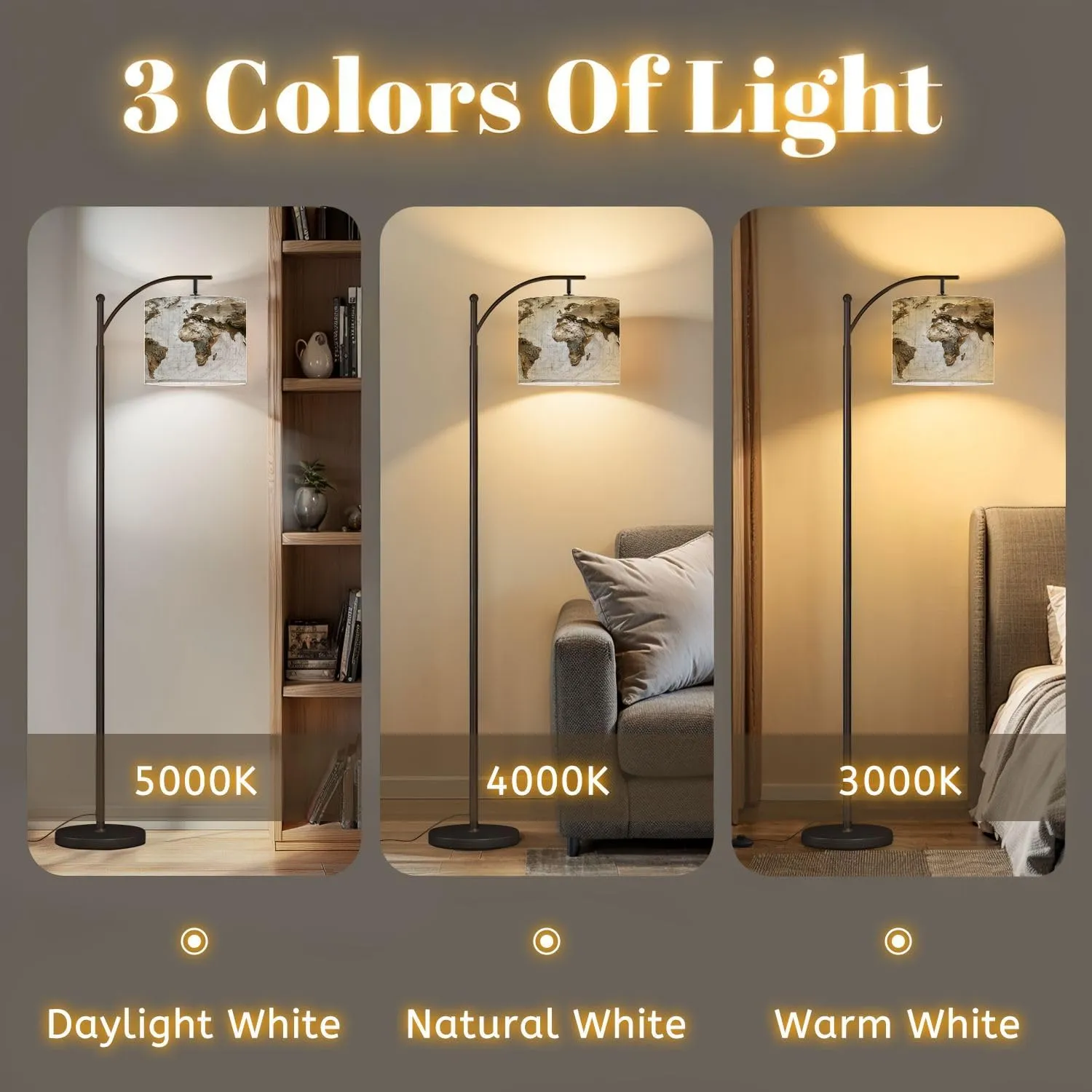 Arc Floor Lamps 3D World map Exaggerated Topographic Detailed Global World map Modern LED Adjustable Lampshade Standing Light for Living Room Reading Bedroom Office