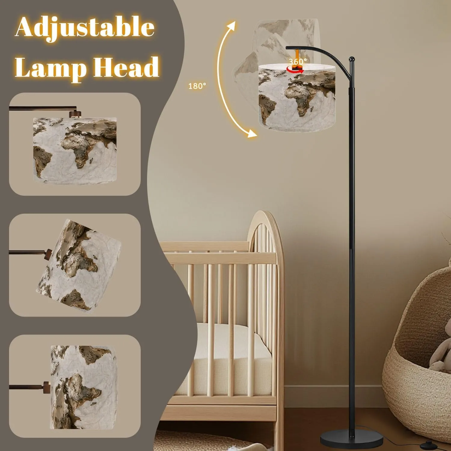 Arc Floor Lamps 3D World map Exaggerated Topographic Detailed Global World map Modern LED Adjustable Lampshade Standing Light for Living Room Reading Bedroom Office