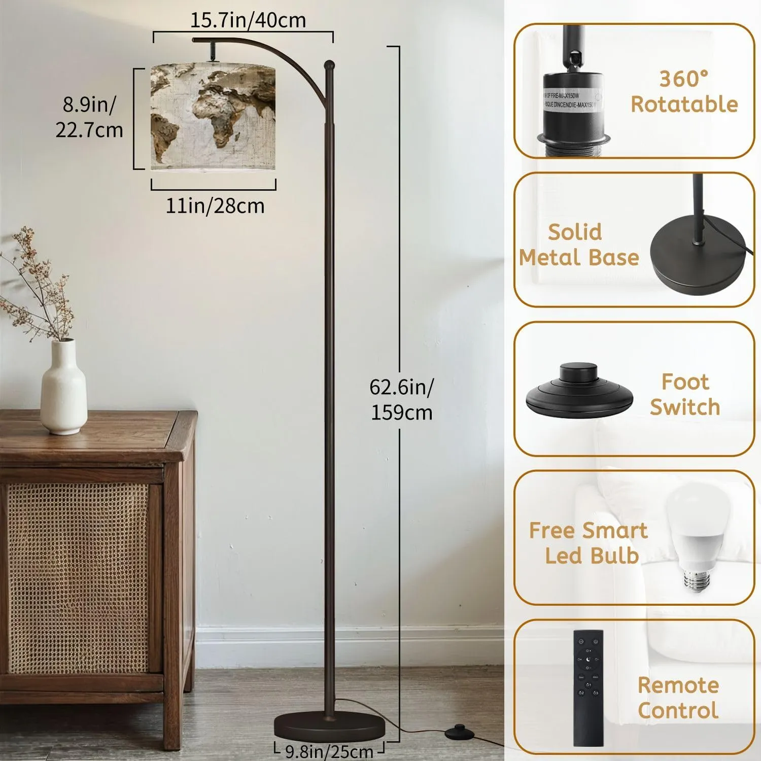 Arc Floor Lamps 3D World map Exaggerated Topographic Detailed Global World map Modern LED Adjustable Lampshade Standing Light for Living Room Reading Bedroom Office