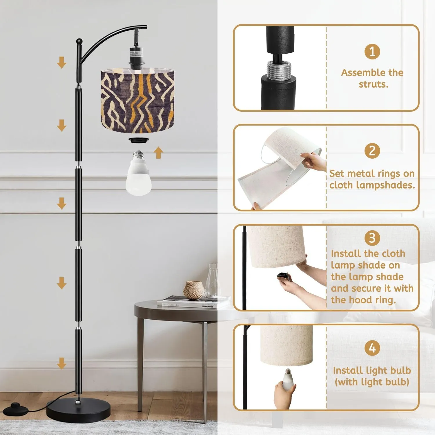 Arc Floor Lamps Ethnic Ikat Seamless Pattern Abstract Motif Ikat Art Ikat Ethnic Modern LED Adjustable Lampshade Standing Light for Living Room Reading Bedroom Office