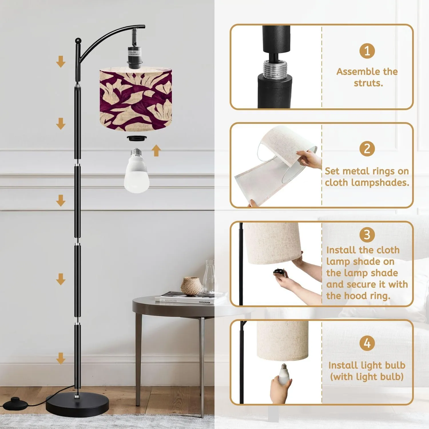 Arc Floor Lamps Flower Ikat Ethnic Tribal Seamless Pattern Flower Seamless Ethnic Ikat Modern LED Adjustable Lampshade Standing Light for Living Room Reading Bedroom Office