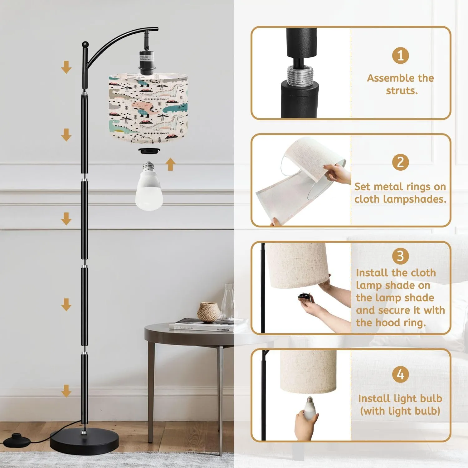 Arc Floor Lamps Seamless Cute Dino Scandinavian Style Modern LED Adjustable Lampshade Standing Light for Living Room Reading Bedroom Office