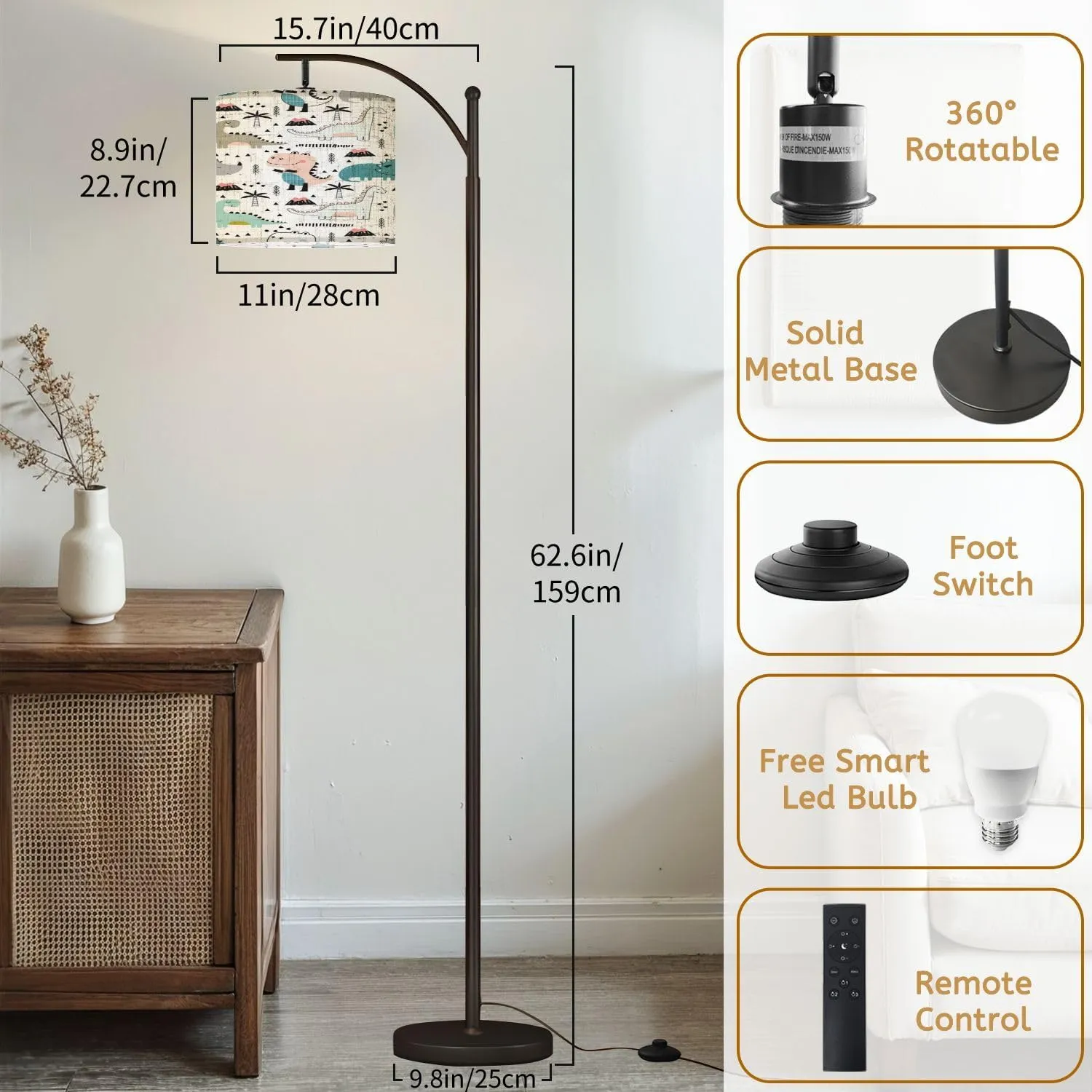 Arc Floor Lamps Seamless Cute Dino Scandinavian Style Modern LED Adjustable Lampshade Standing Light for Living Room Reading Bedroom Office
