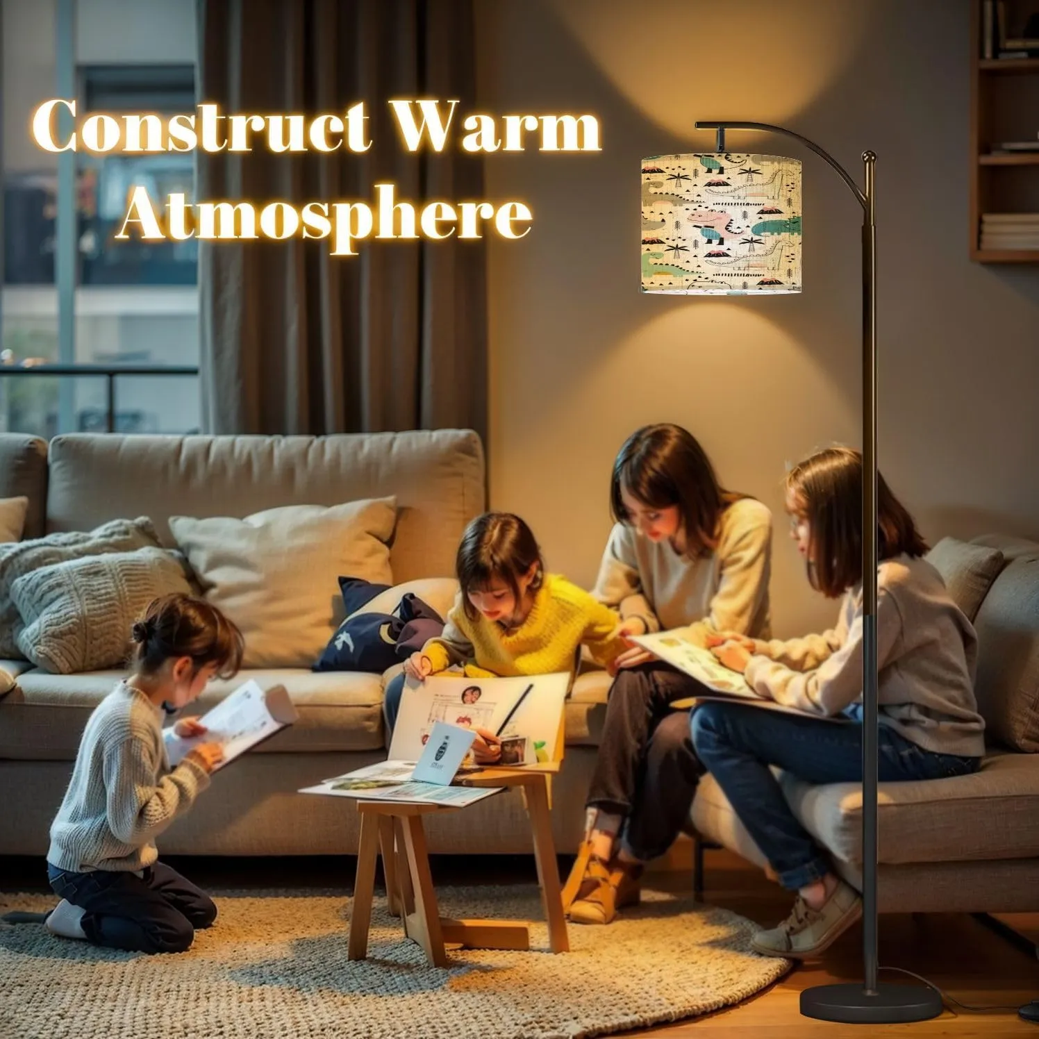 Arc Floor Lamps Seamless Cute Dino Scandinavian Style Modern LED Adjustable Lampshade Standing Light for Living Room Reading Bedroom Office