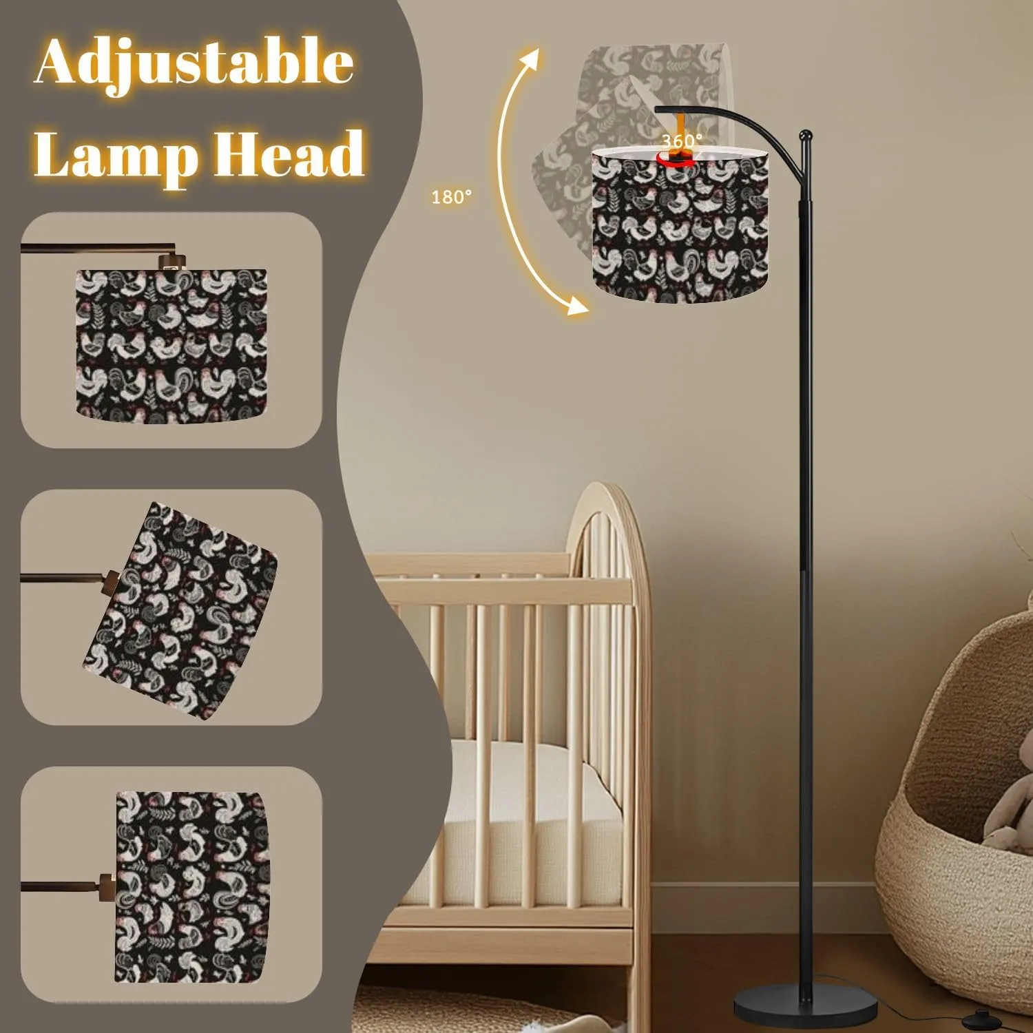 Arc Floor Lamps Seamless Pattern Art Set Laying hens Roosters Doodle Art Modern LED Adjustable Lampshade Standing Light for Living Room Reading Bedroom Office