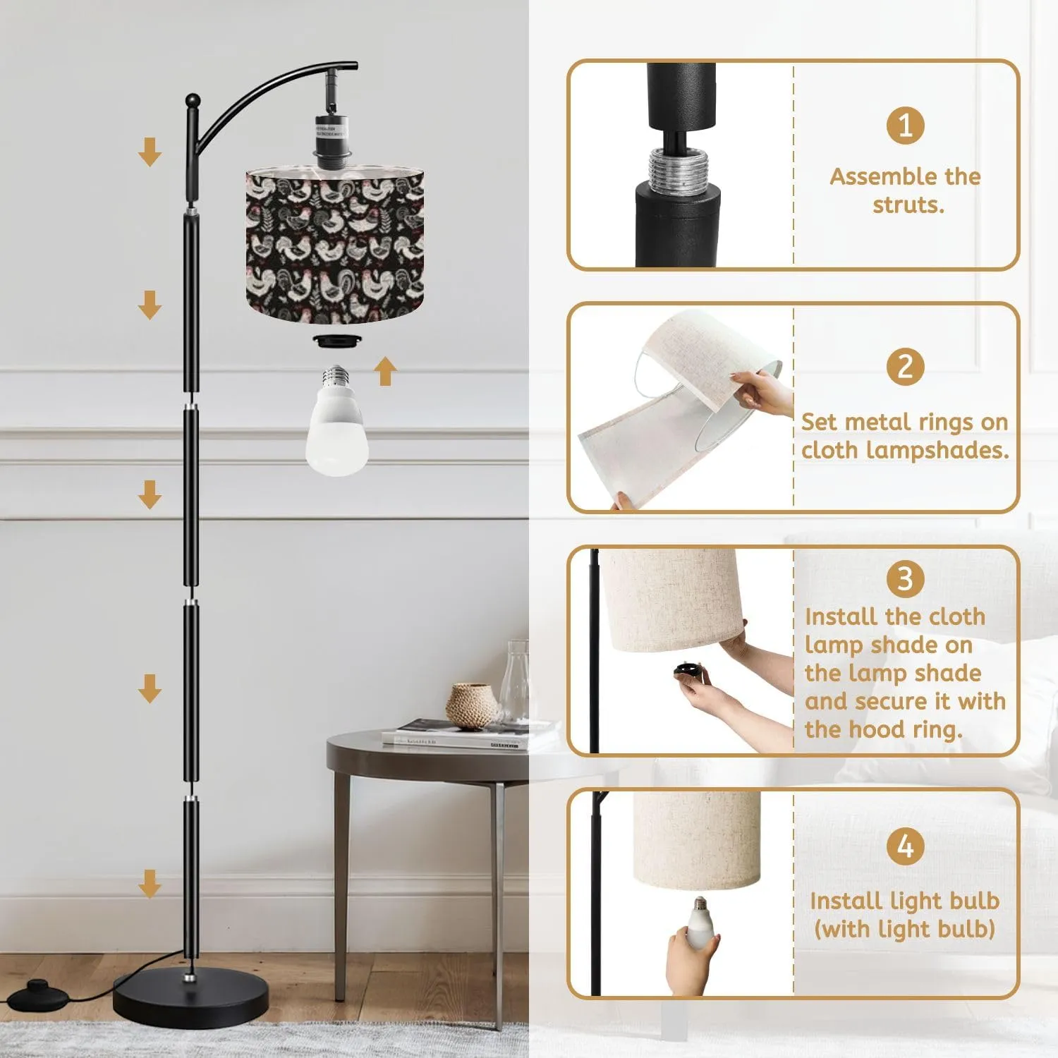 Arc Floor Lamps Seamless Pattern Art Set Laying hens Roosters Doodle Art Modern LED Adjustable Lampshade Standing Light for Living Room Reading Bedroom Office