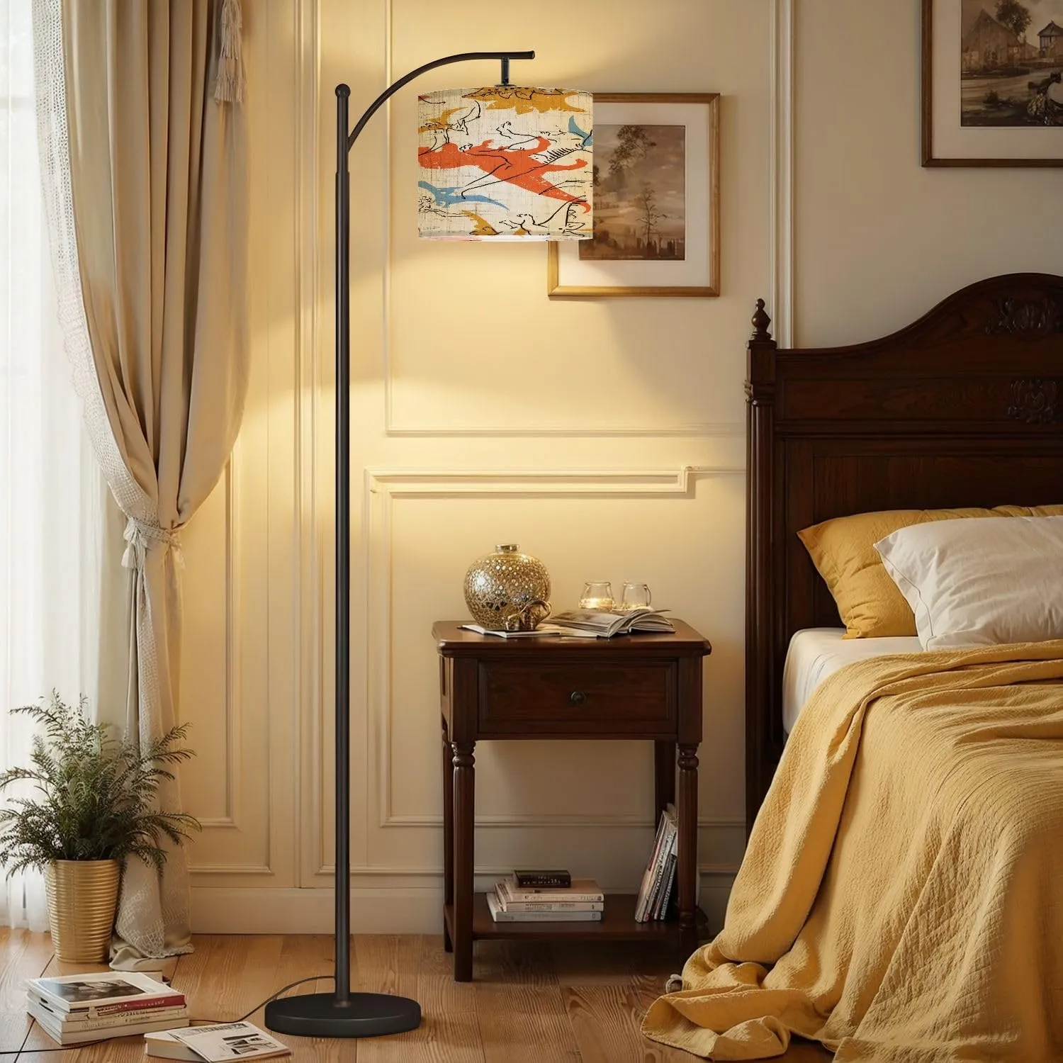 Arc Floor Lamps Seamless Pattern Cartoon Dinosaurs Elements Modern LED Adjustable Lampshade Standing Light for Living Room Reading Bedroom Office