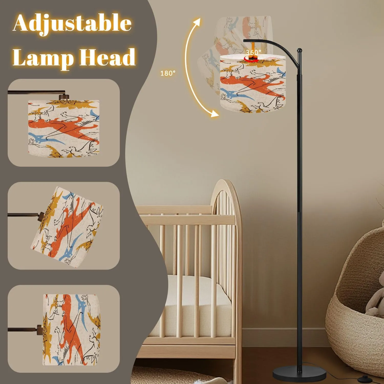 Arc Floor Lamps Seamless Pattern Cartoon Dinosaurs Elements Modern LED Adjustable Lampshade Standing Light for Living Room Reading Bedroom Office