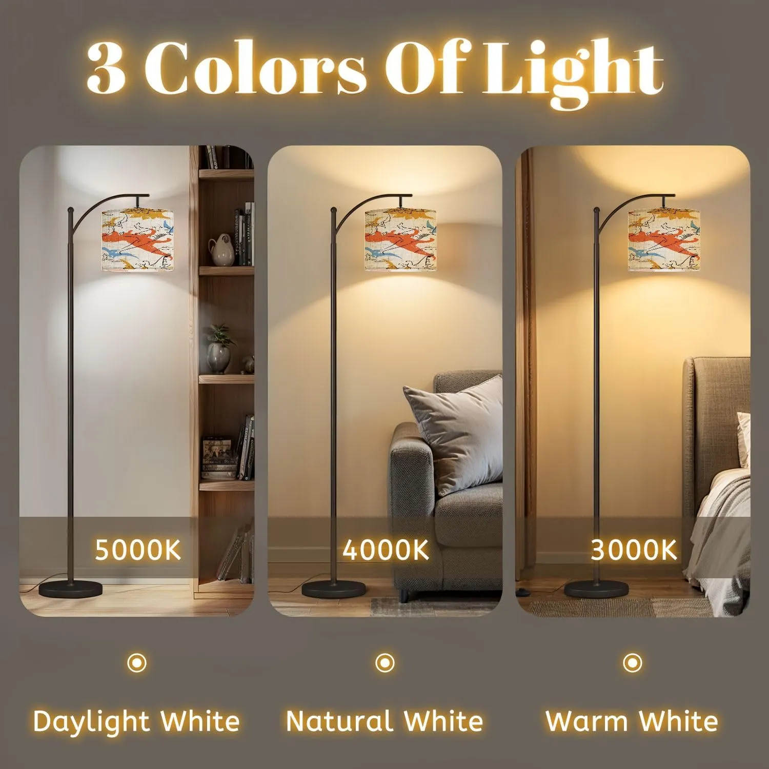 Arc Floor Lamps Seamless Pattern Cartoon Dinosaurs Elements Modern LED Adjustable Lampshade Standing Light for Living Room Reading Bedroom Office