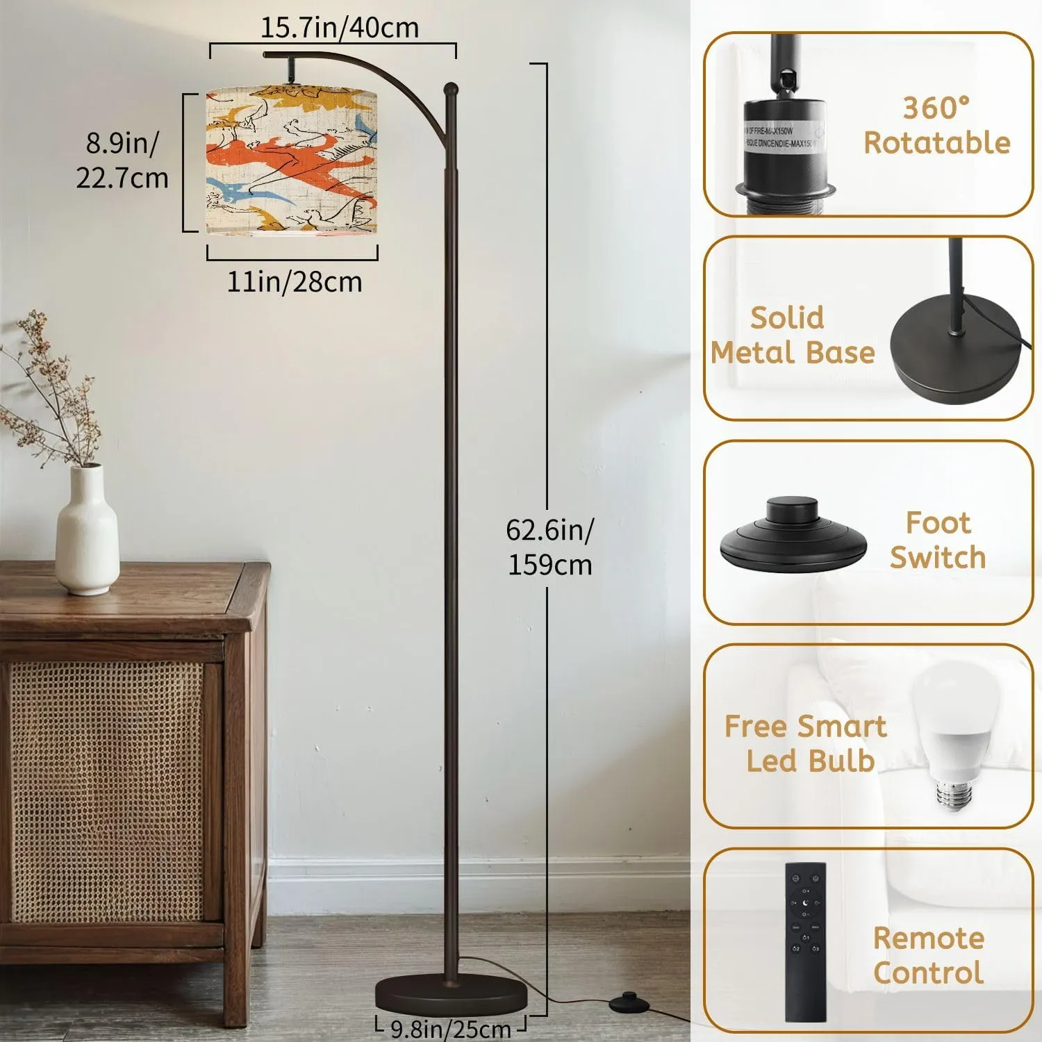 Arc Floor Lamps Seamless Pattern Cartoon Dinosaurs Elements Modern LED Adjustable Lampshade Standing Light for Living Room Reading Bedroom Office
