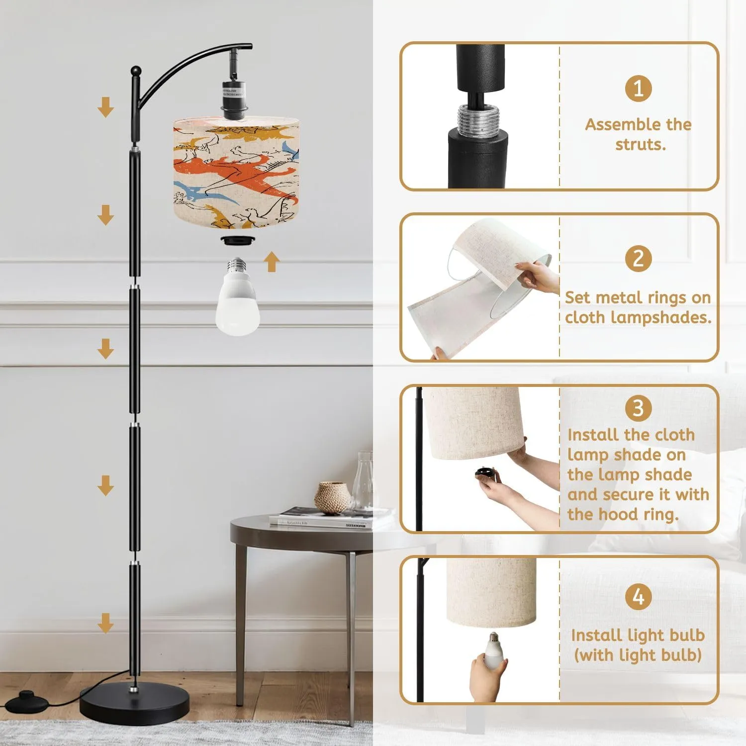 Arc Floor Lamps Seamless Pattern Cartoon Dinosaurs Elements Modern LED Adjustable Lampshade Standing Light for Living Room Reading Bedroom Office